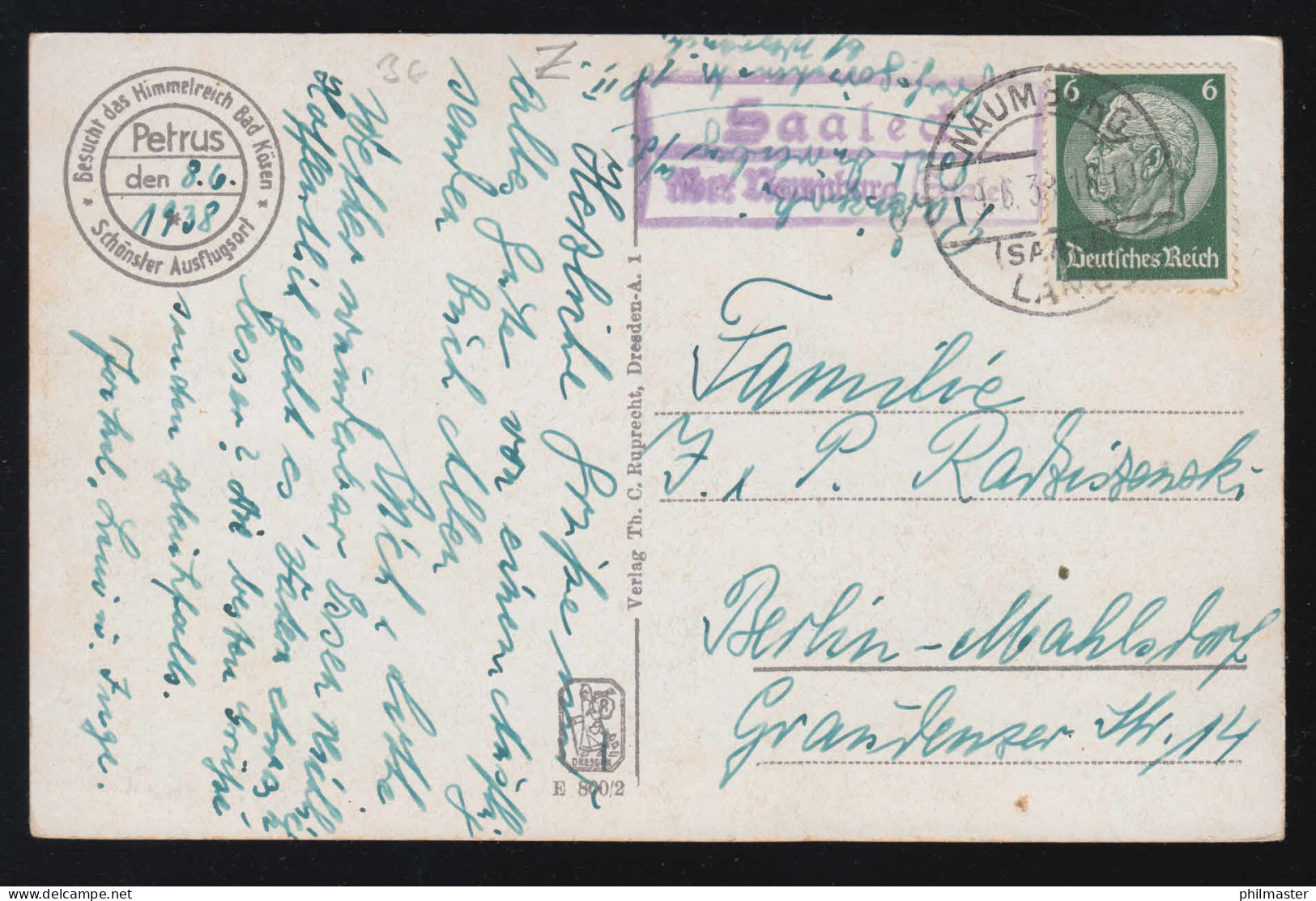 Landpost-Stempel Saaleck über NAUMBURG (SAALE) LAND 9.6.1938 Auf AK Rudelsburg - Cartas & Documentos