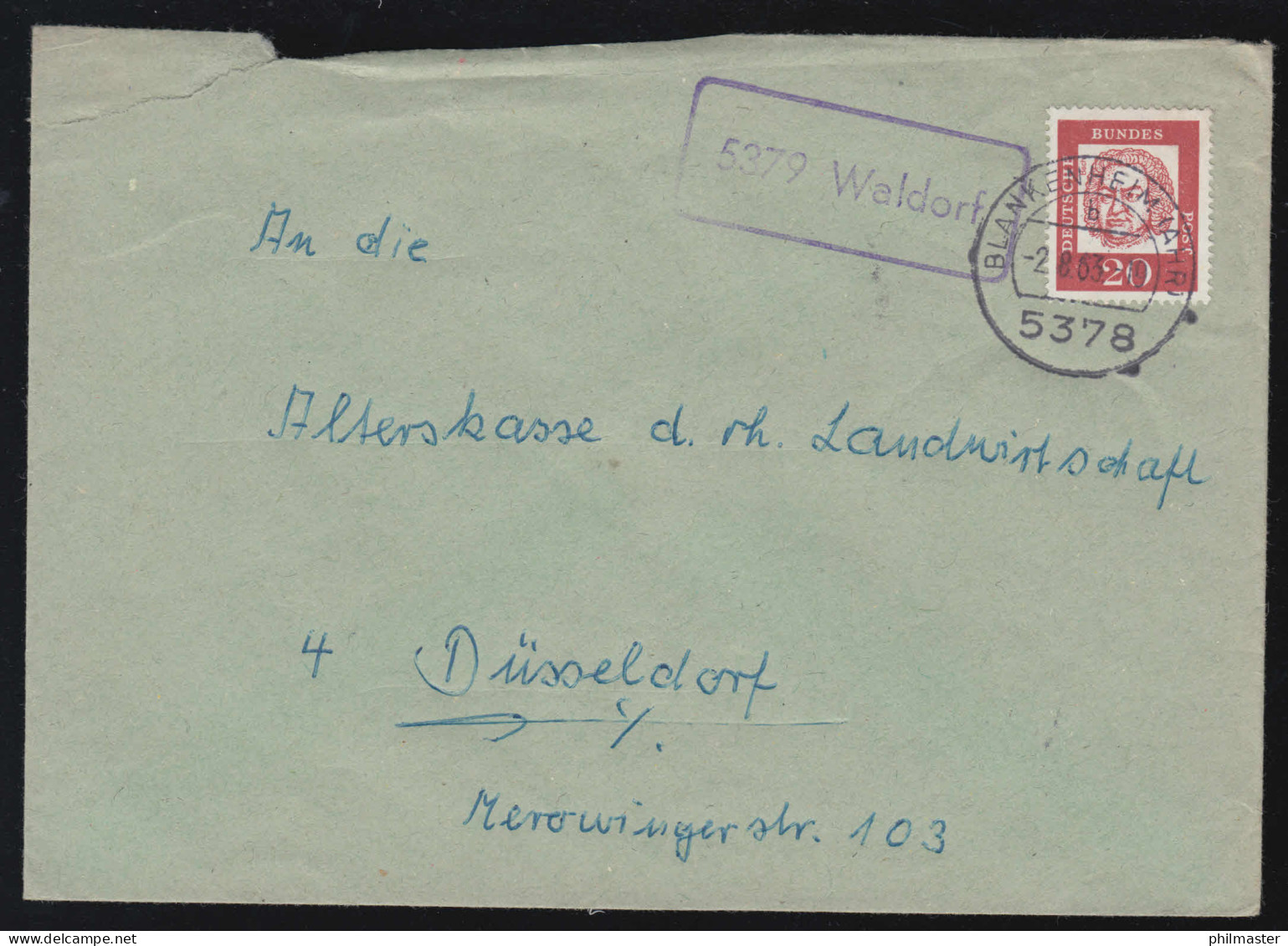 Landpost-Stempel 5379 Waldorf Auf Brief BLANKENHEIM (AHR) 2.8.63 Nach Düsseldorf - Altri & Non Classificati