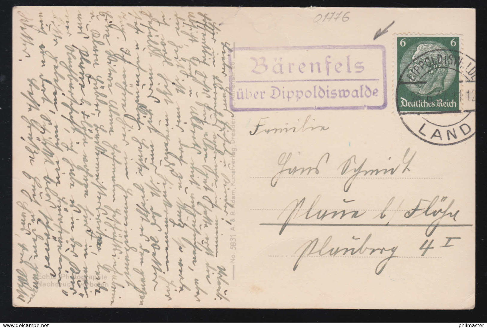 Landpost-Stempel Bärenfels über DIPPOLDISWALDE LAND 26.6.1937 Auf AK Kipsdorf - Storia Postale