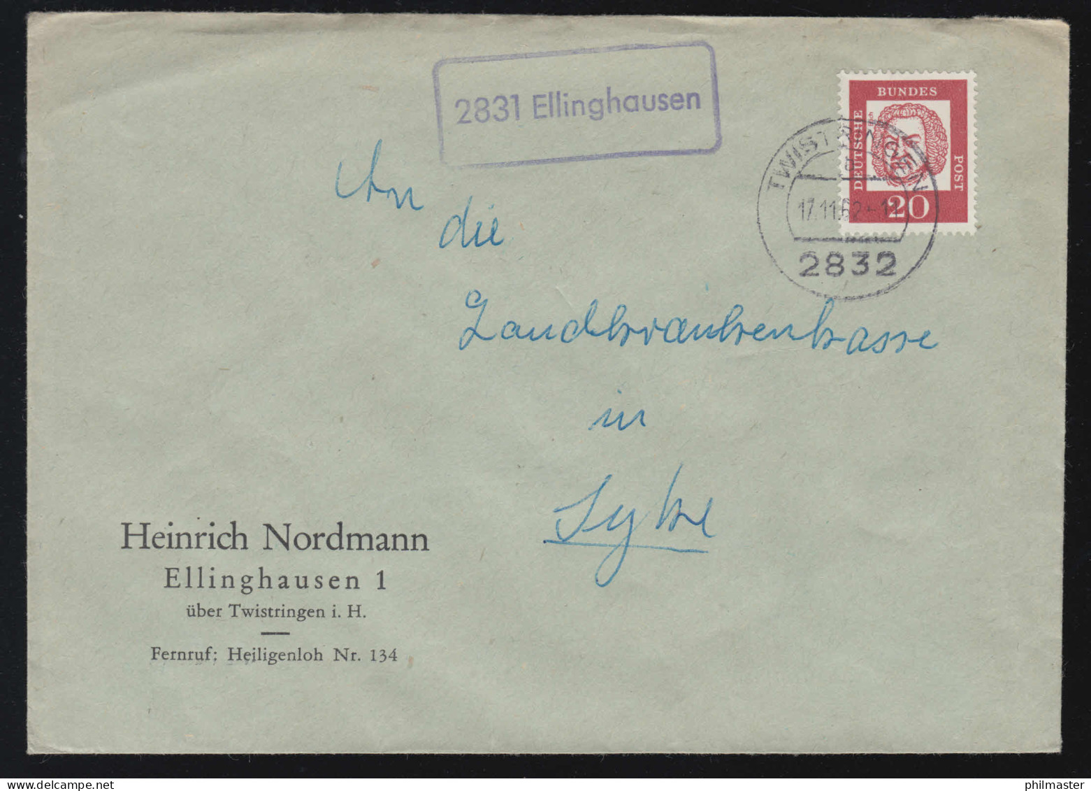 Landpost-Stempel 2831 Ellighausen Auf Brief TWISTRINGEN 17.11.9162 Nach Syke - Other & Unclassified