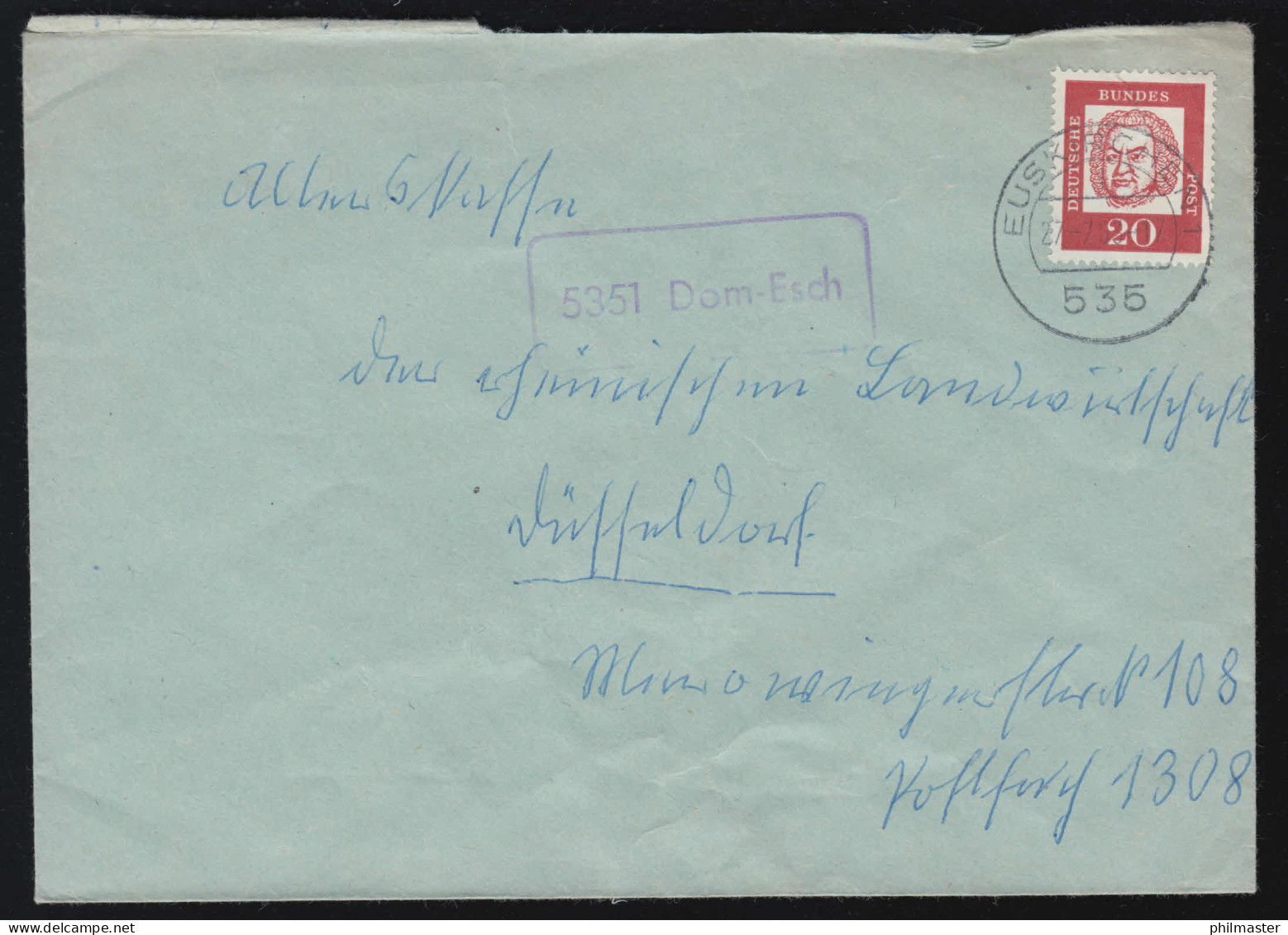 Landpost-Stempel 5351 Dom-Esch Auf Brief EUSKIRCHEN 27.7.1963 Nach Wuppertal  - Andere & Zonder Classificatie