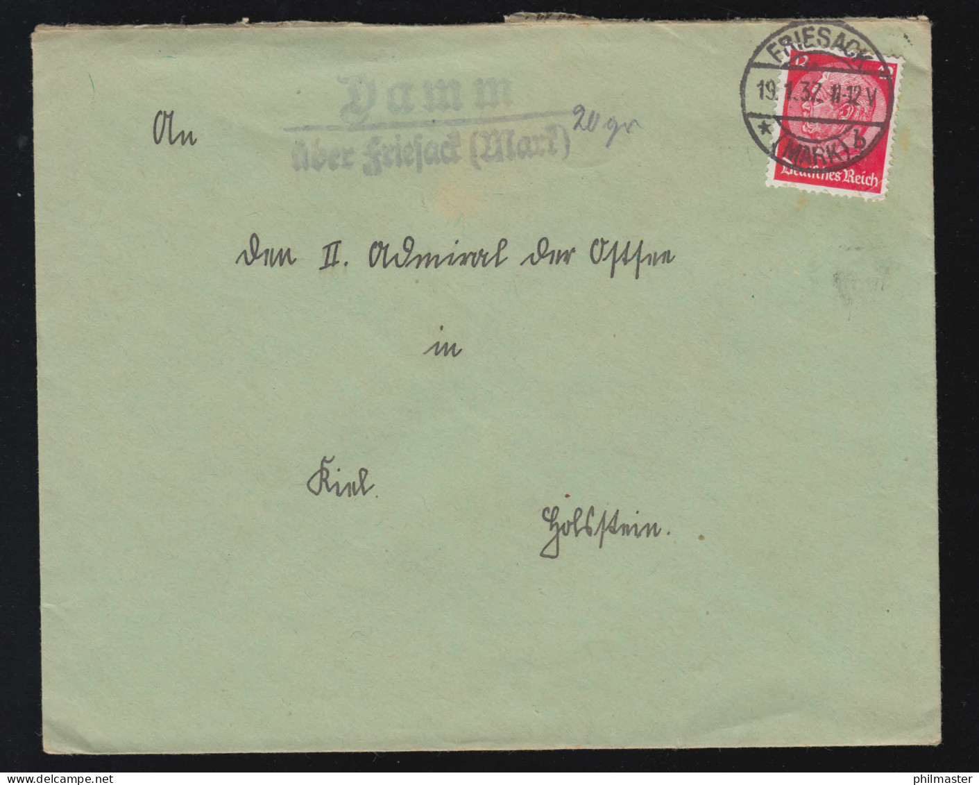 Landpost-Stempel Damm über FRIESACK (MARK) 19.1.1937 Auf Brief Nach Kiel - Brieven En Documenten