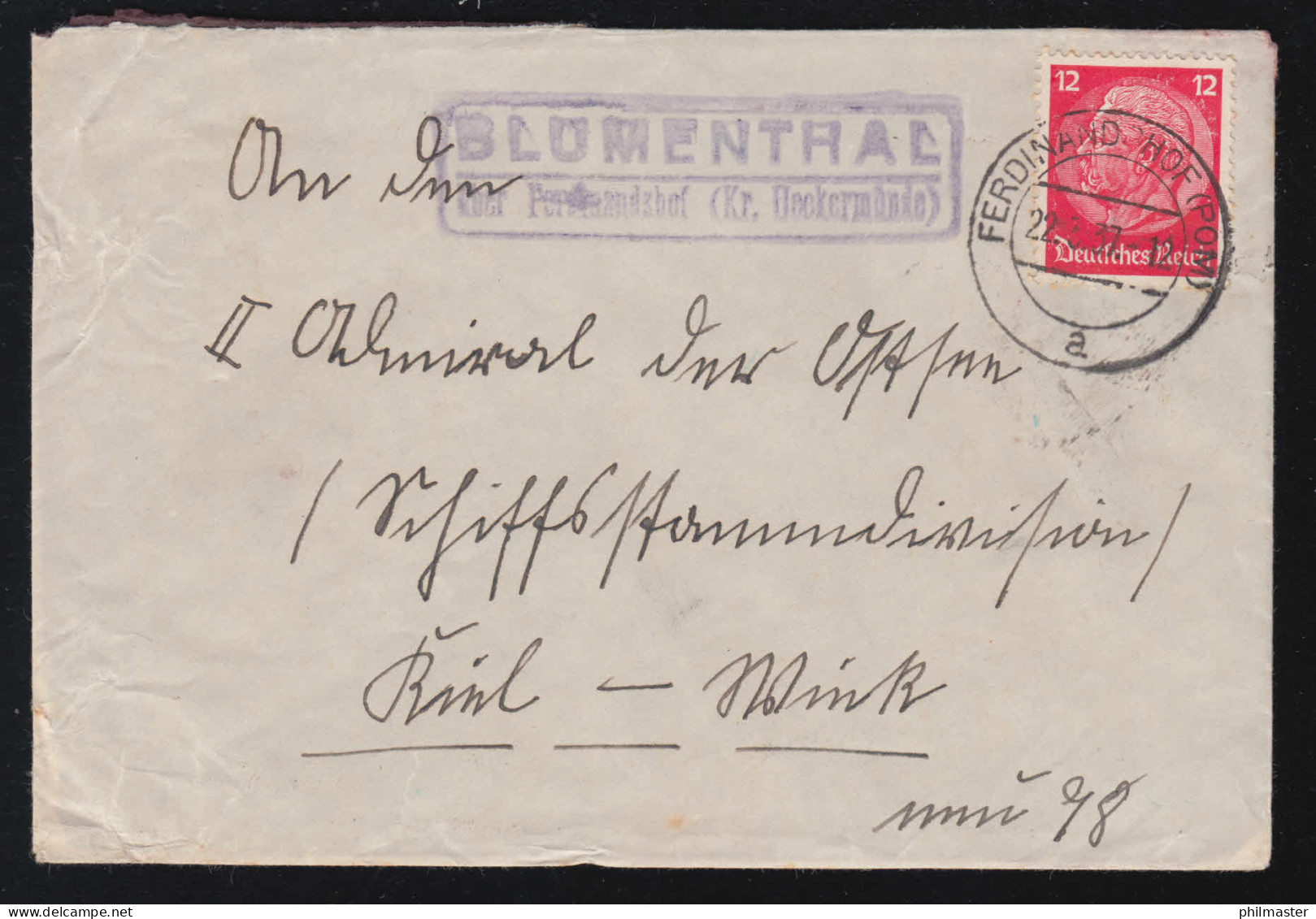 Landpost-Stempel Blumenthal über FERDINANDSHOF (POMMERN) 22.3.1937 Auf Brief - Brieven En Documenten