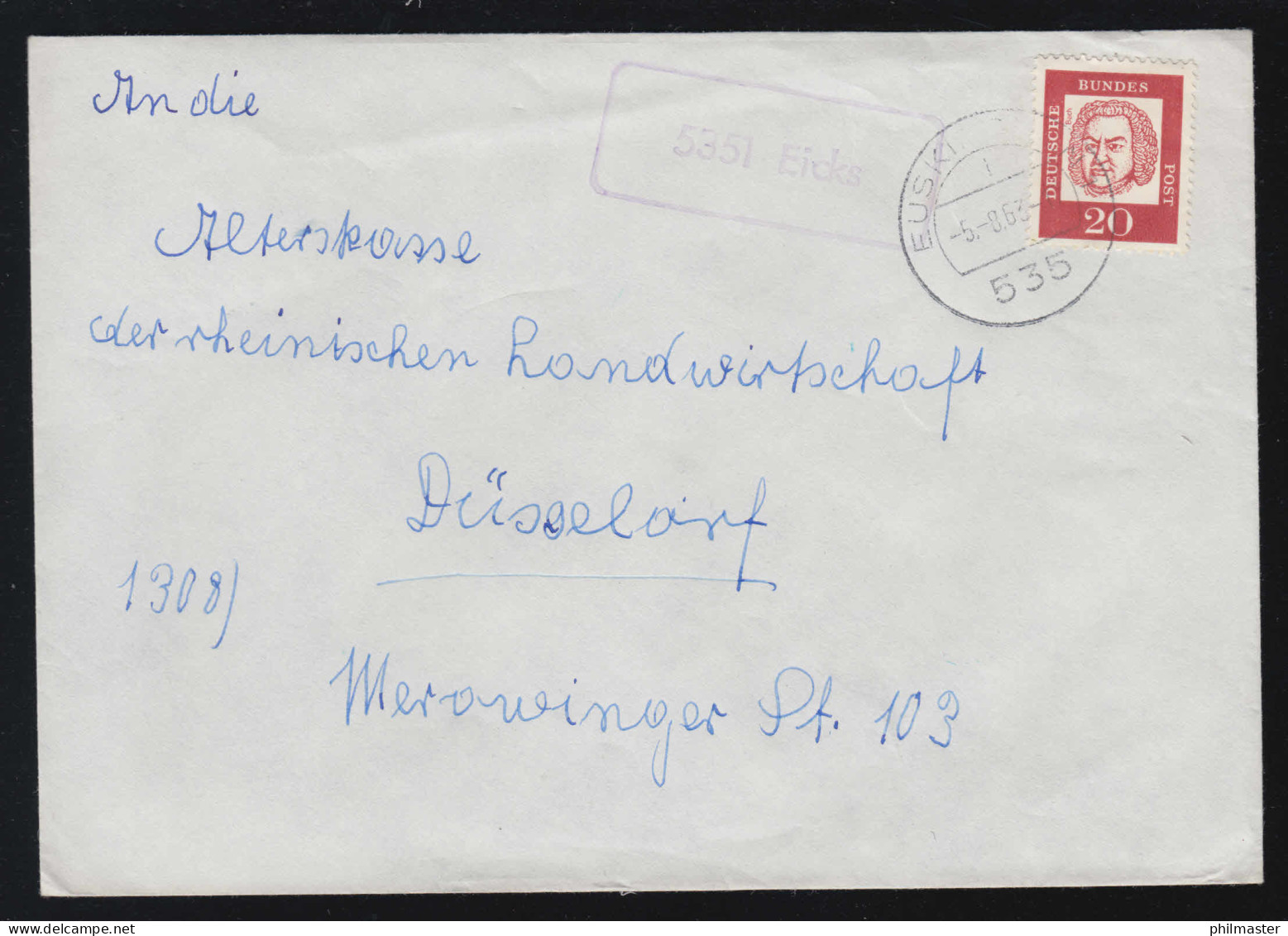 Landpost-Stempel 5351 Eicks Auf Brief EUSKIRCHEN 5.8.1963 Nach Düsseldorf  - Altri & Non Classificati