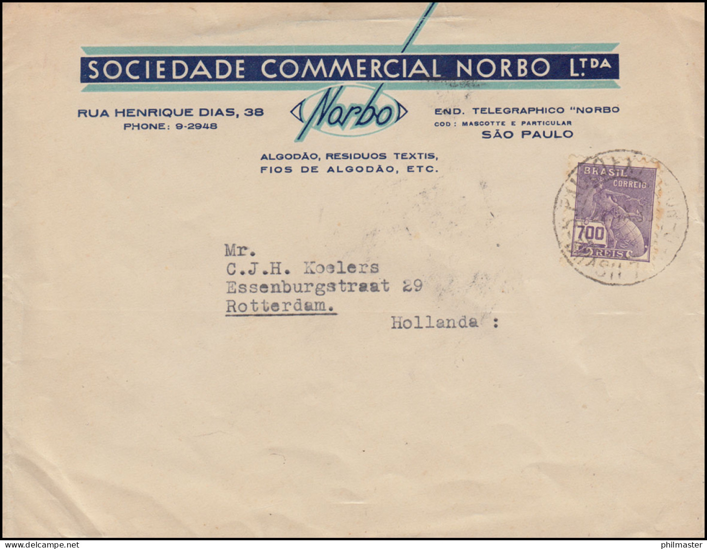 Brasilien 363 Hermes Mit Globus 700 Reis EF Auslandsbrief SAO PAULO 22.9.1935  - Andere & Zonder Classificatie