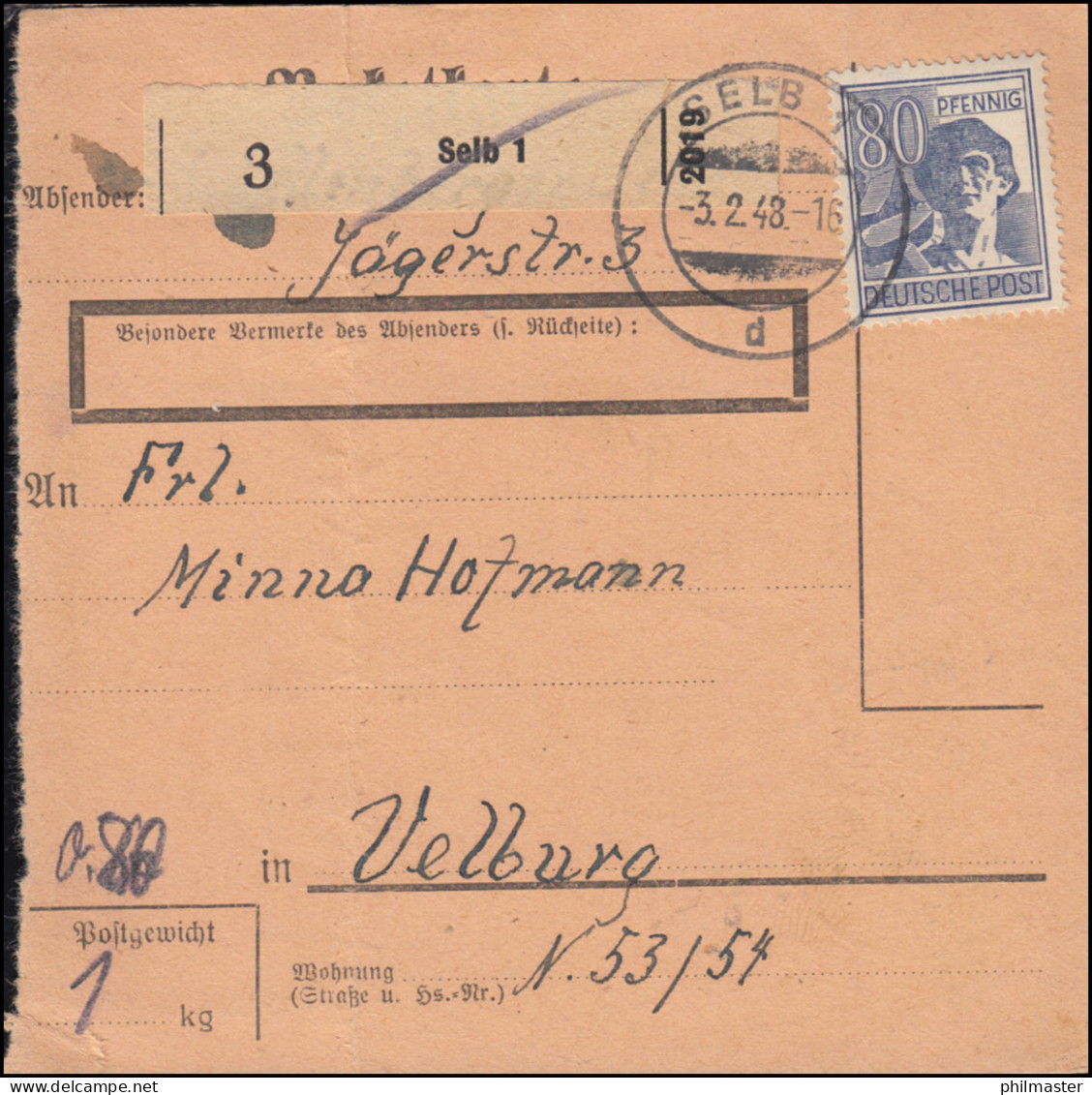 957 Arbeiter 80 Pf Als EF Auf Paketkarte SELB 3.2.1948 Nach VELBURG 10.2.48 - Sonstige & Ohne Zuordnung