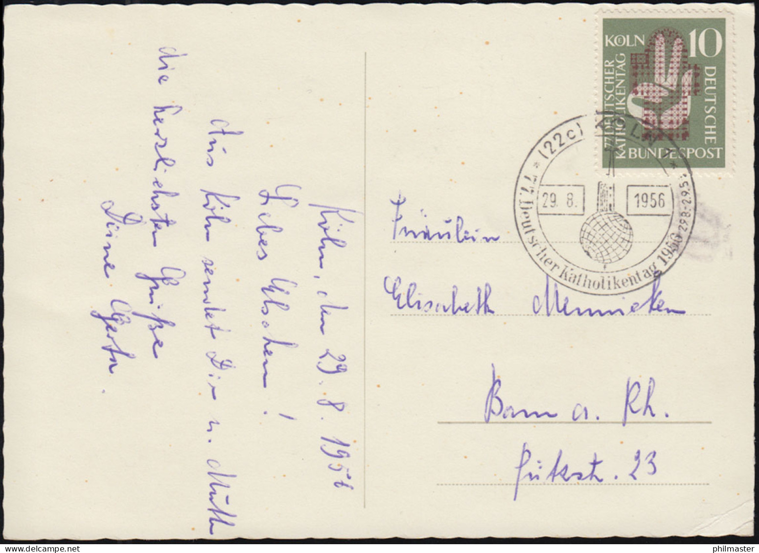 239 Katholikentag 1956 - Auf FD-Ansichtskarte Kölner Dom, ESSt Köln 29.8.56 - Brieven En Documenten