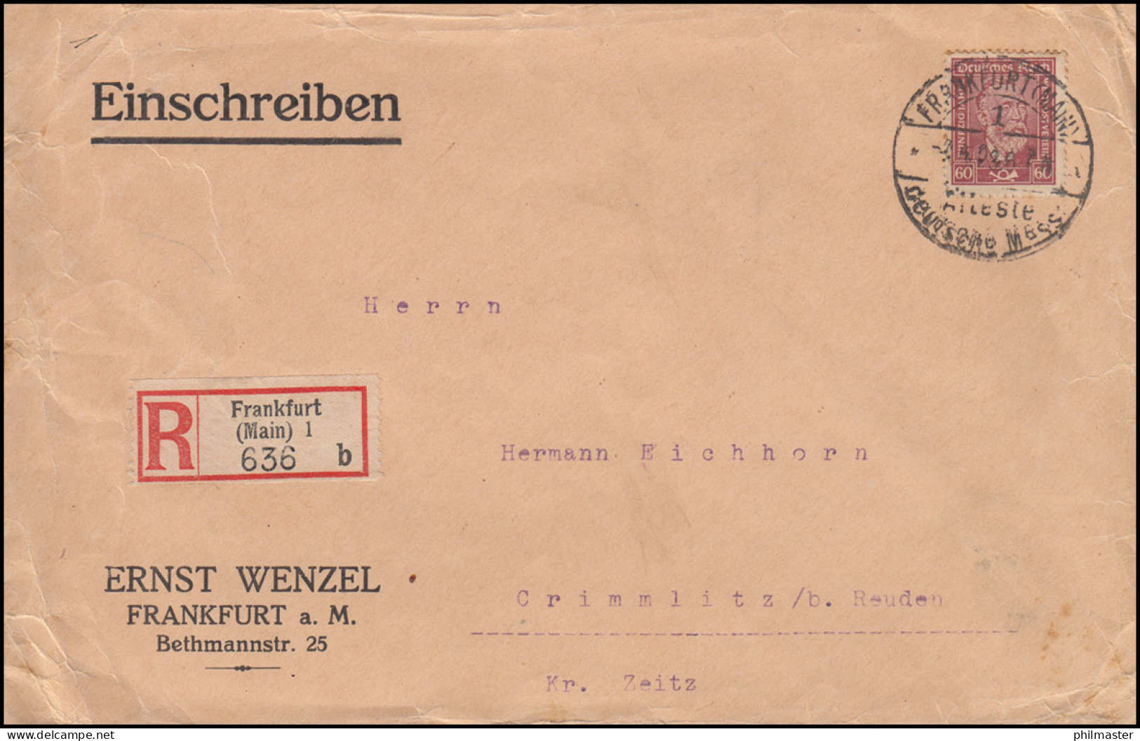 362 Stephan 30 Pf Auf R-Brief SSt FRANKFURT/MAIN Älteste Deutsche Messe 7.4.1928 - Storia Postale