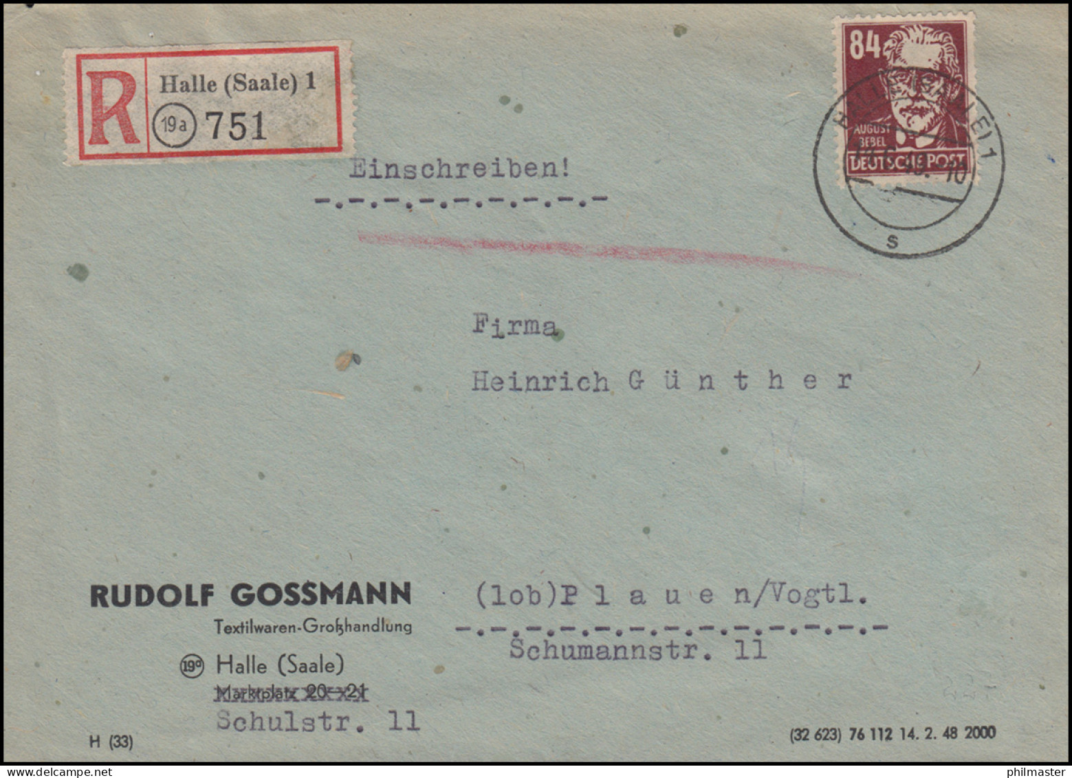 227 Bebel 84 Pf. Als EF Auf R-Brief HALLE / SAALE 14.6.1949 Nach PLAUEN 15.6.49 - Covers & Documents