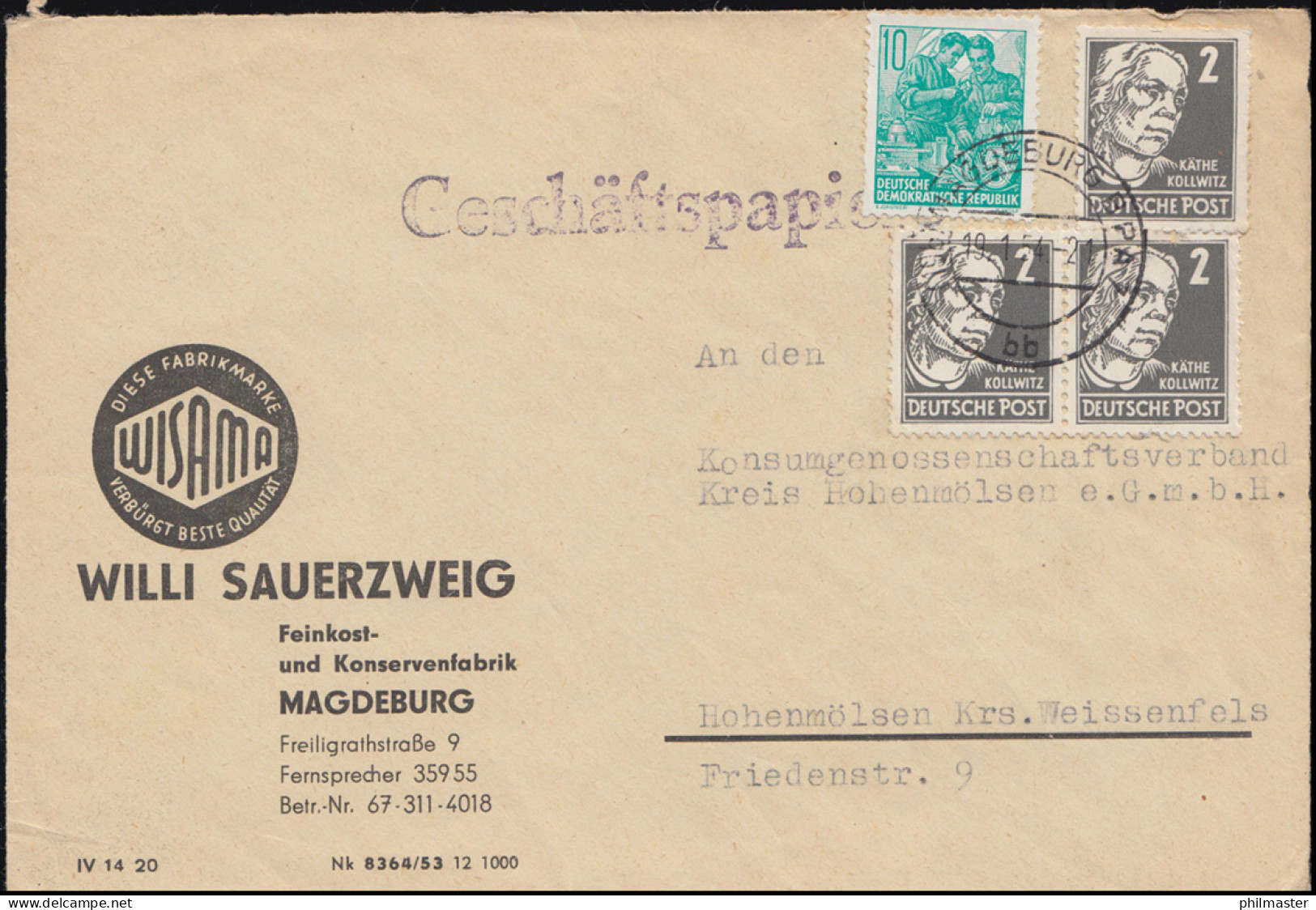 327 Kollwitz Mit 409 Fünfjahrplan Auf Briefvorderseite MiF MAGDEBURG 19.1.1954 - Gebraucht