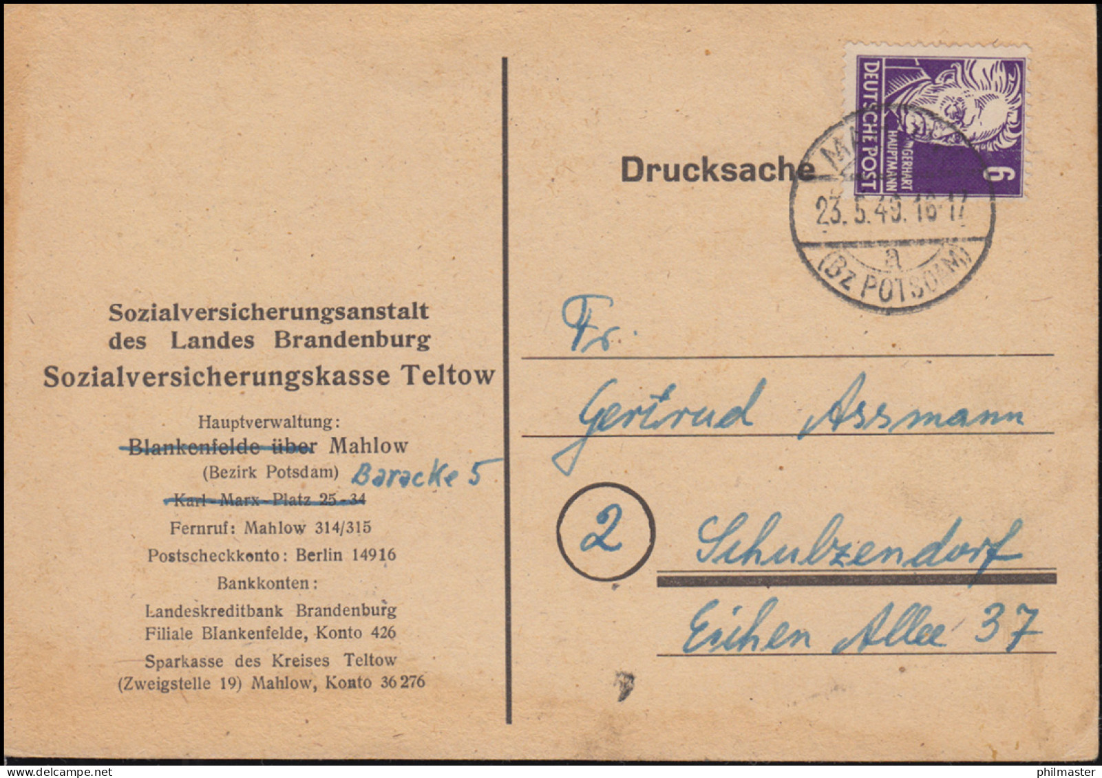 213 Hauptmann Als EF Auf Drucksache MAHLOW (Bz. POTSDAM) 23.5.1949 - Storia Postale