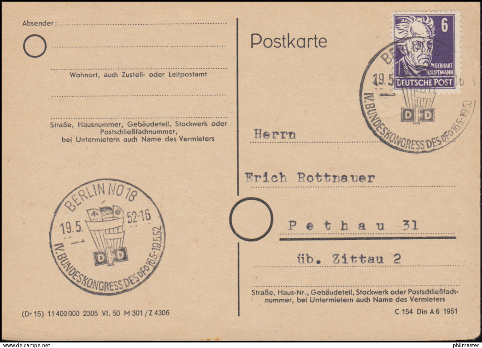 213 Hauptmann Als EF Auf Drucksache SSt BERLIN Bundeskongress Des DFD 19.5.1952 - Beroemde Vrouwen