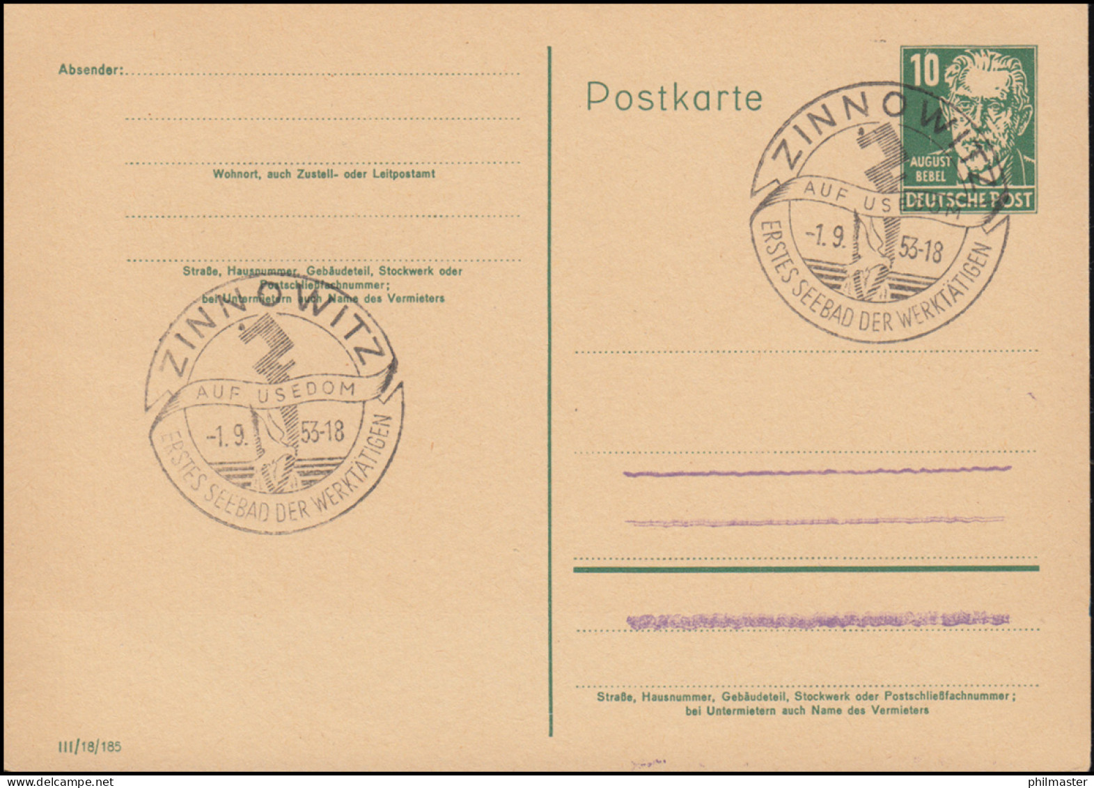 Postkarte P 41a I Bebel 10 Pf DV III /18/185, SSt ZINNOWITZ AUF USEDOM 1.9.1953 - Autres & Non Classés