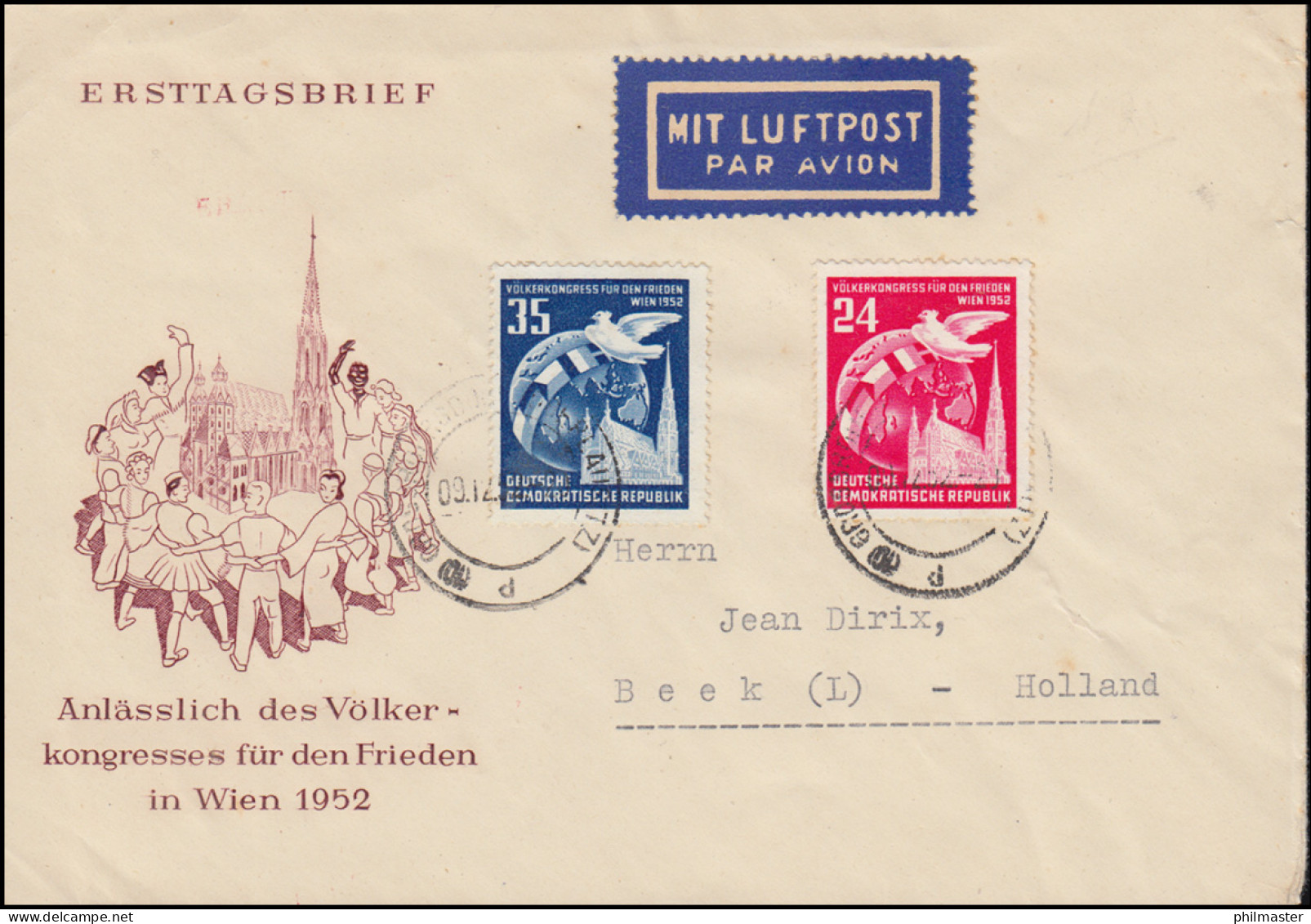 320-321 Friedenskongress 1952 Auslandsbrief GROSSRÖHRSDORF (OBERLAUSITZ) 9.12.52 - Storia Postale