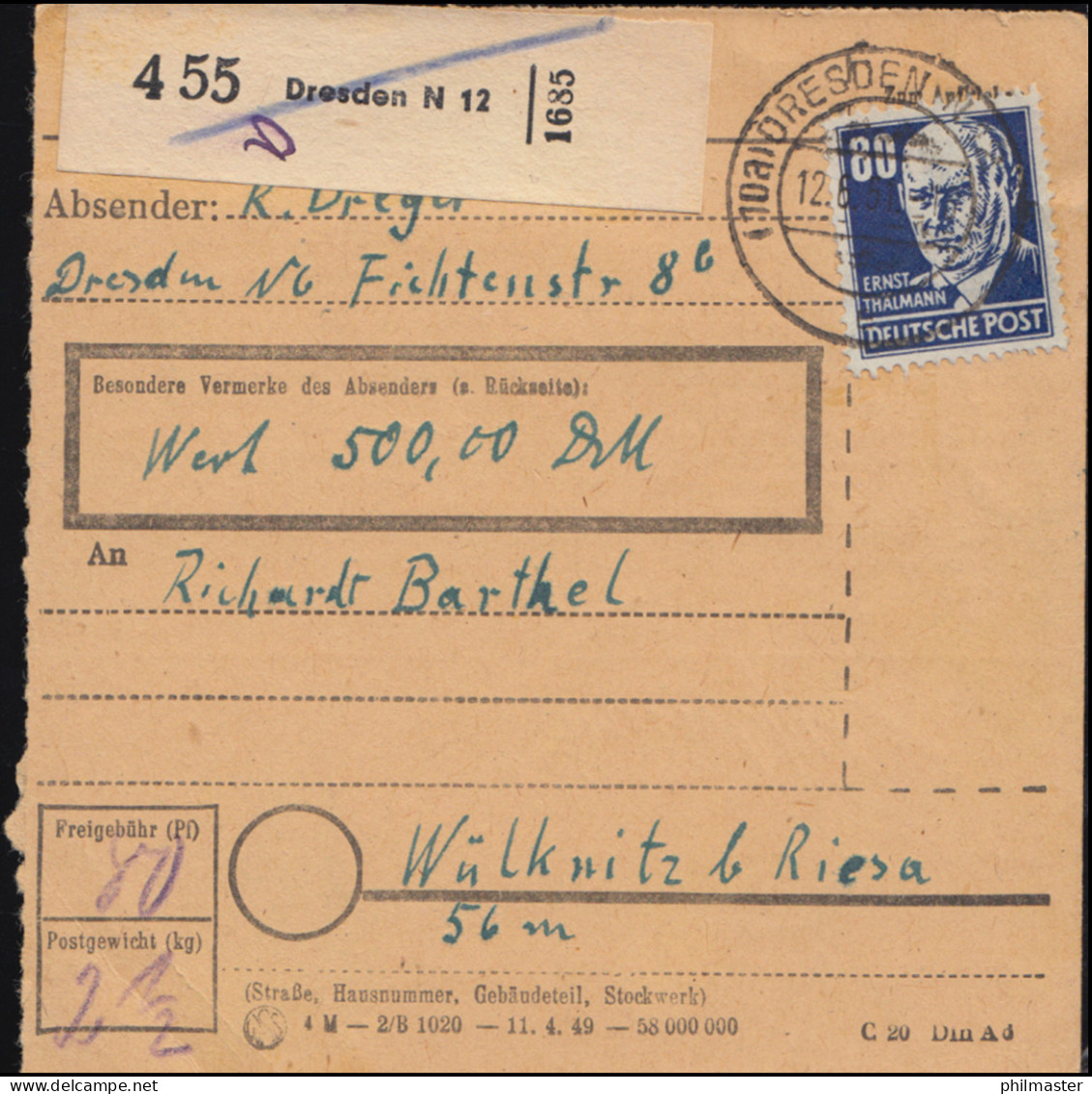 226 Thälmann 80 Pf. Als EF Auf Paketkarte DRESDEN N 12 - 12.6.1951 Nach WÜLKWITZ - Covers & Documents