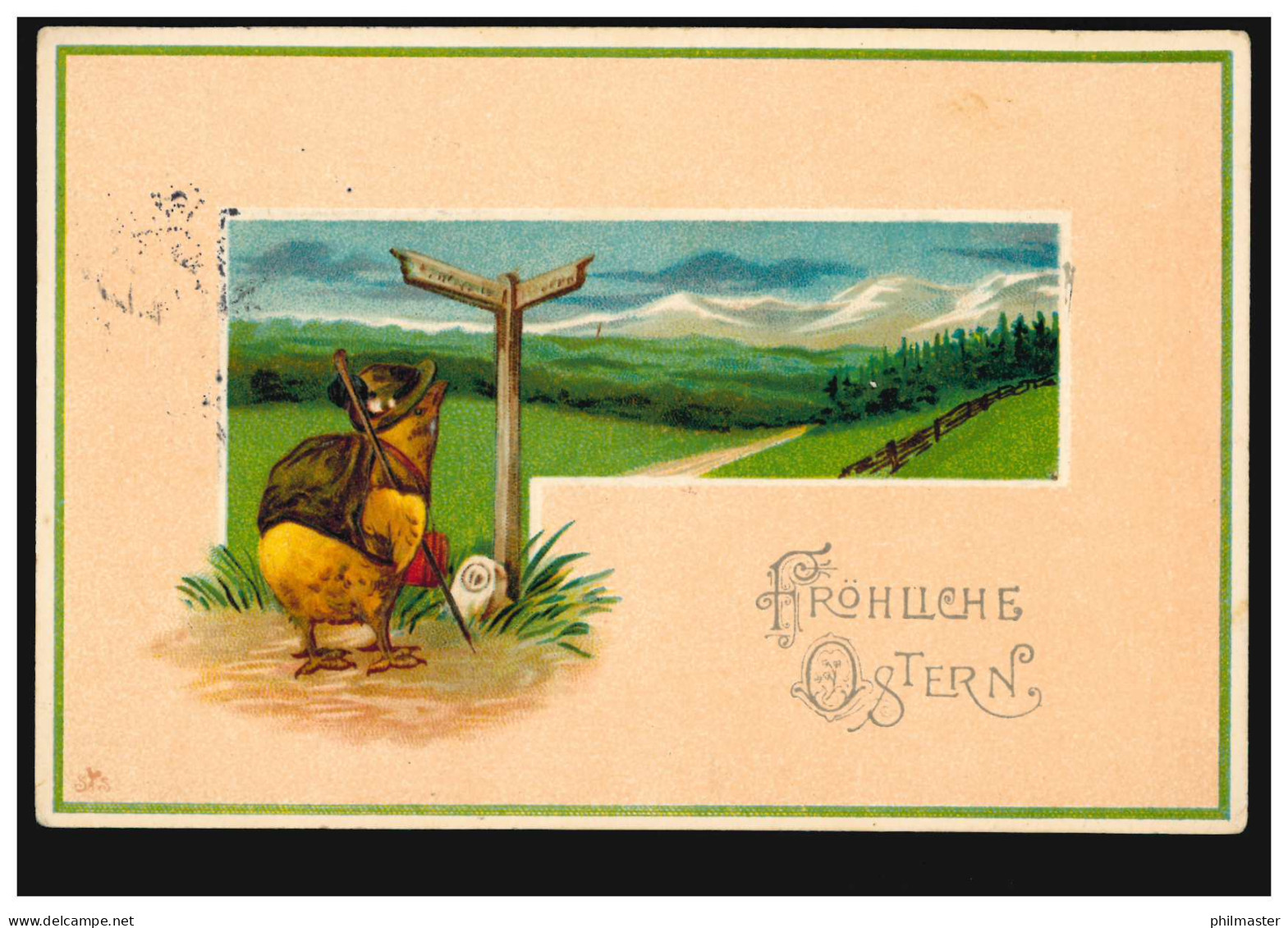 AK Ostern: Vermenschlichte Tiere - Küken An Der Kreuzung, ARBERGEN 1913 - Sonstige & Ohne Zuordnung