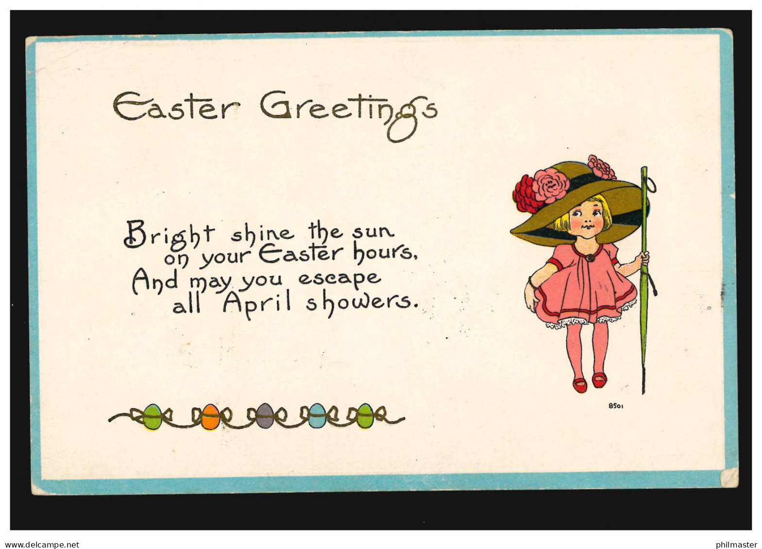 AK Ostern: Easter Greetings - Mädchen Mit Hut Und Schirm, NEW YORK 7.4.1916 - Andere & Zonder Classificatie