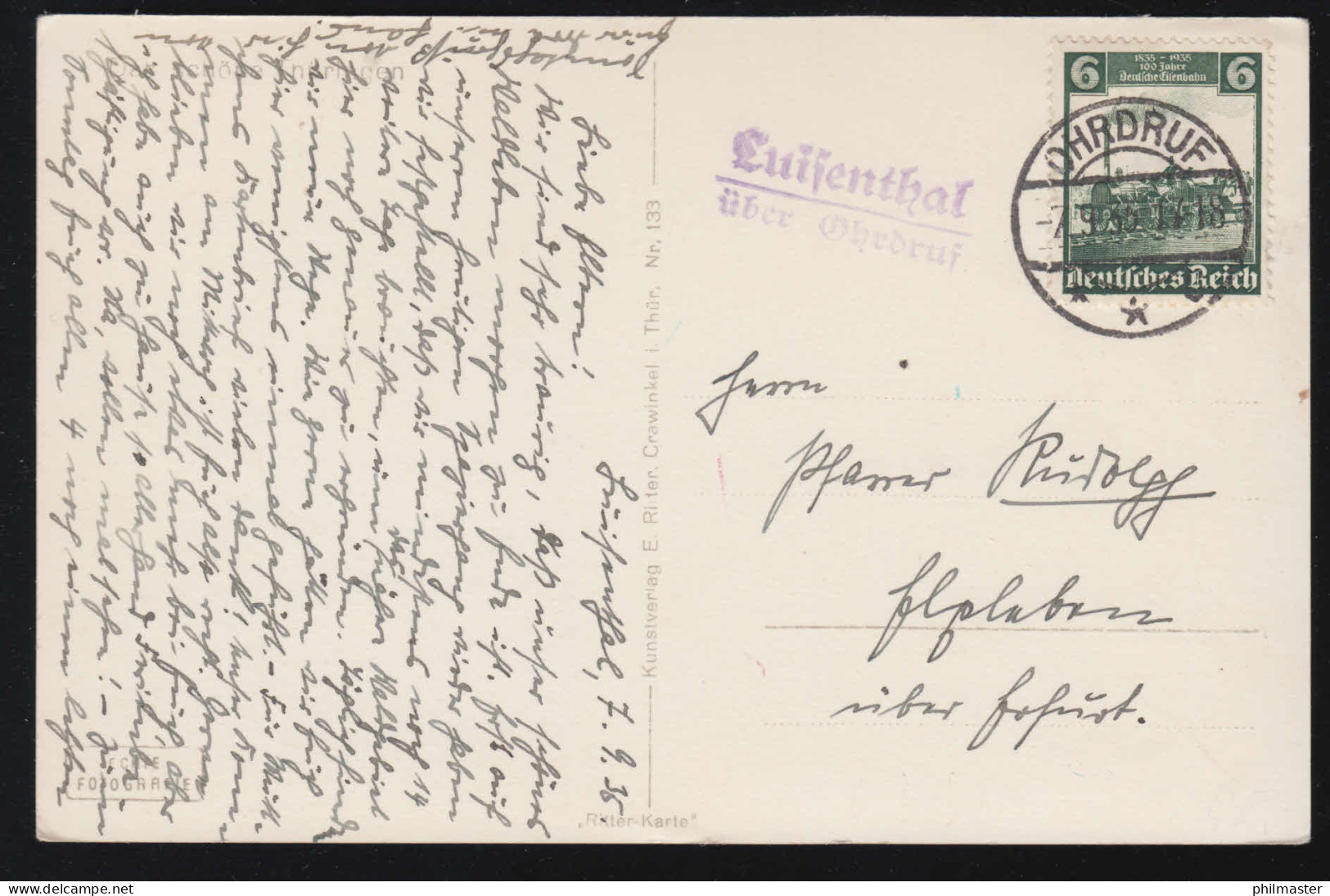 Landpost-Stempel Luisenthal über OHRDRUF 7.9.1935 Auf Passender AK Schutzhaus - Brieven En Documenten