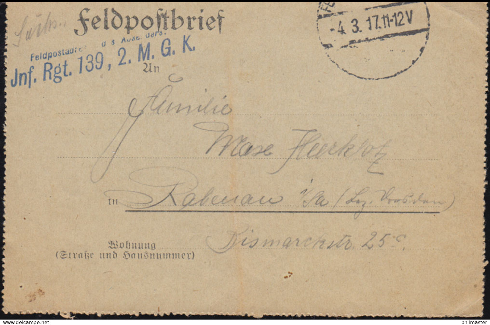 Feldpost BS Inf.-Regt. 139 2. MG-Kompanie Brief 4.3.1917 Nach Rabenau/Sachsen  - Bezetting 1914-18