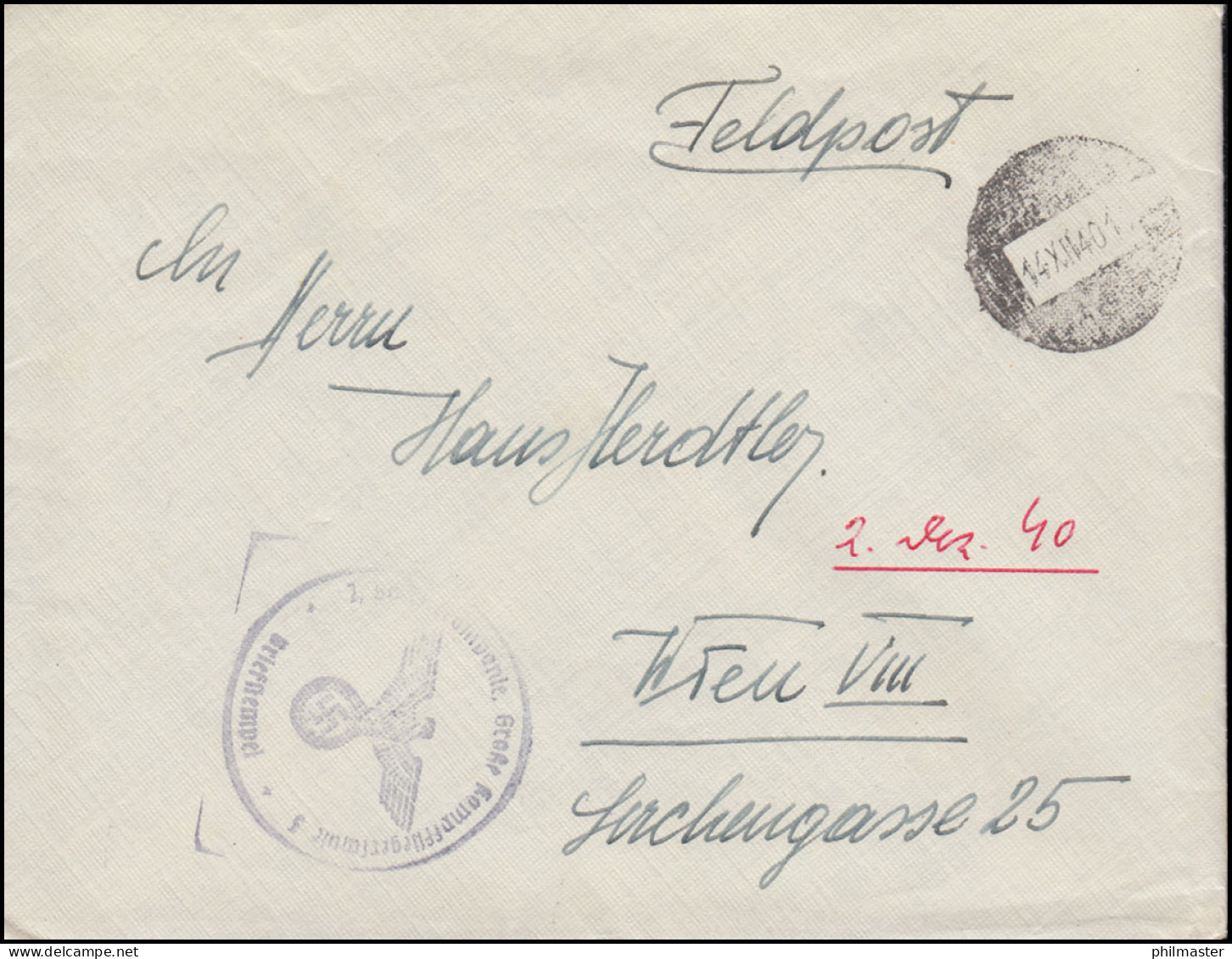 Feldpost Große Kampffliegerschule Brief Markanter Tarnstempel 14.12.1940 N. Wien - Ocupación 1938 – 45