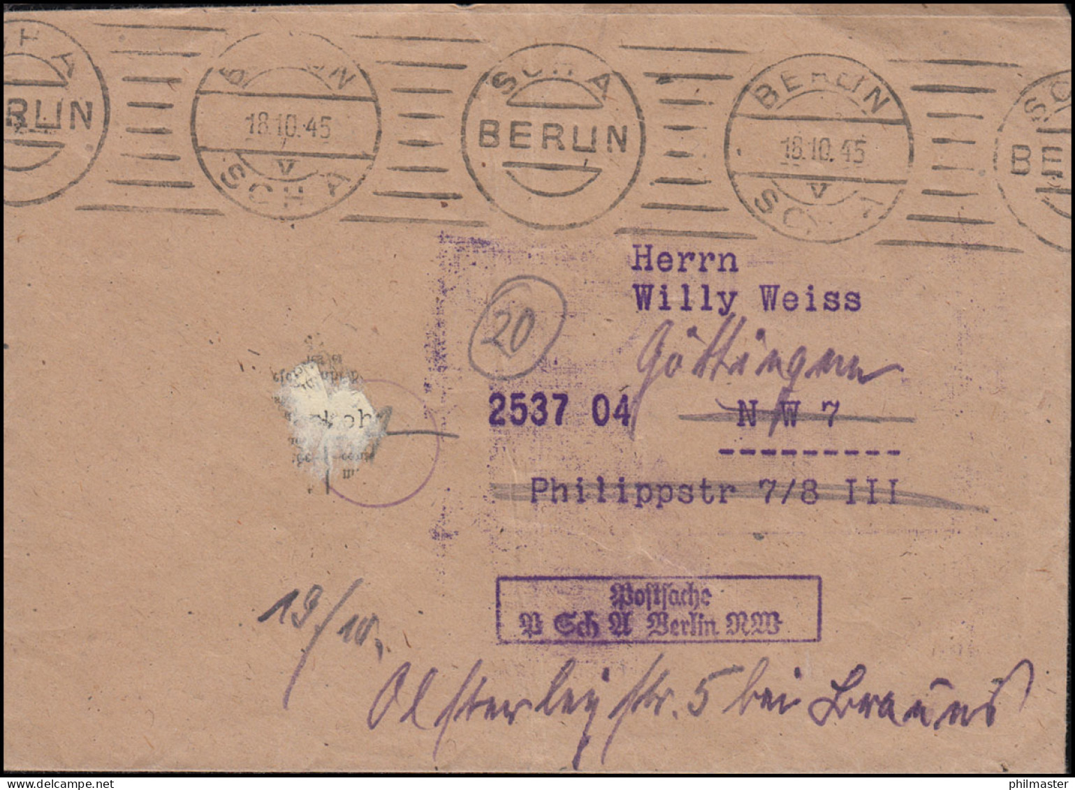 Postsache Postscheckamt Berlin NW Orts-Brief BERLIN SCHA 18.10.1945 - Briefe U. Dokumente