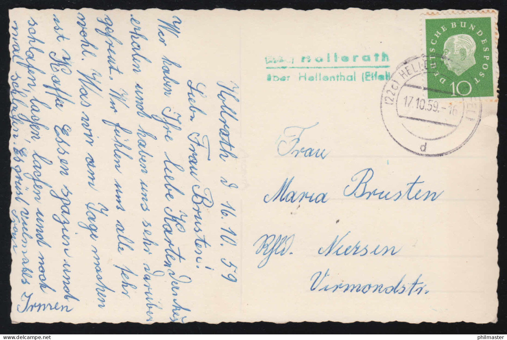 Landpost-Stempel Hollerath über HELLENTHAL (EIFEL) 17.10.1959 Auf AK Ortseingang - Otros & Sin Clasificación