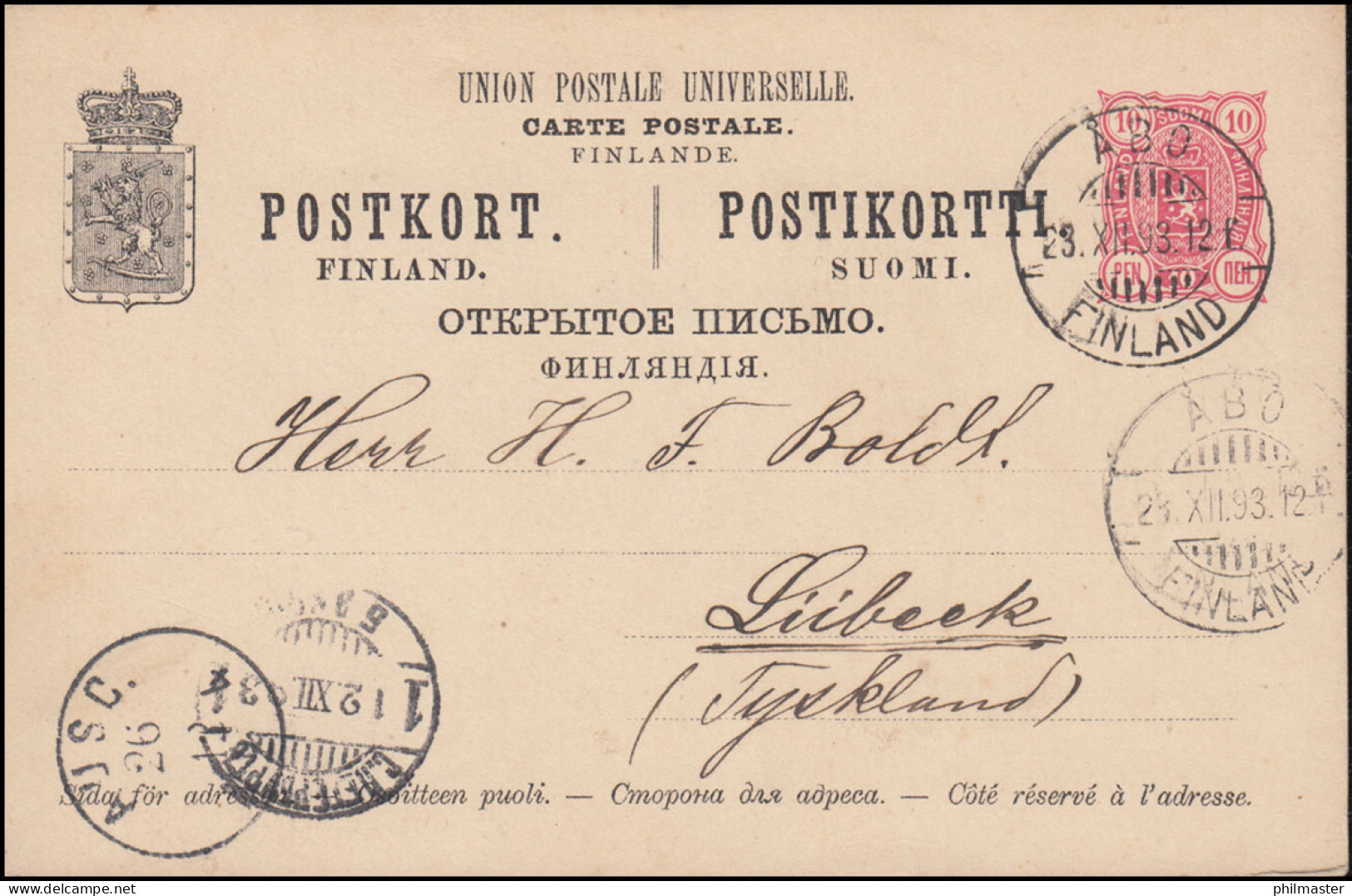 Finnland Postkarte P 23 Aus ABO / FINLAND 23.12.1893 Nach LÜBECK 26.12.93 - Autres & Non Classés