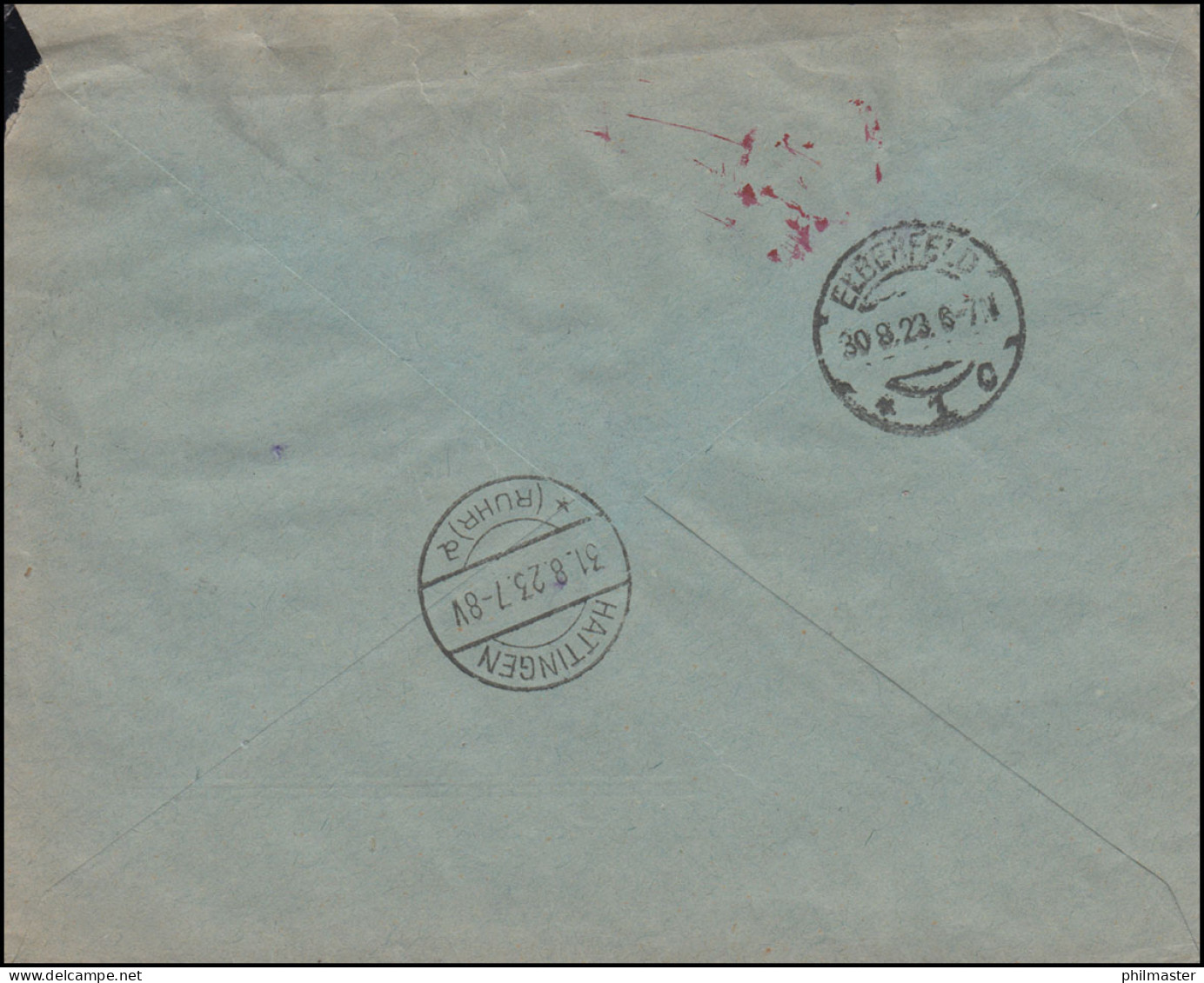 Gebühr-Bezahlt-Stempel Auf R-Brief HAGEN / WESTF. 30.8.1923 Nach HATTINGEN 31.8. - Brieven En Documenten