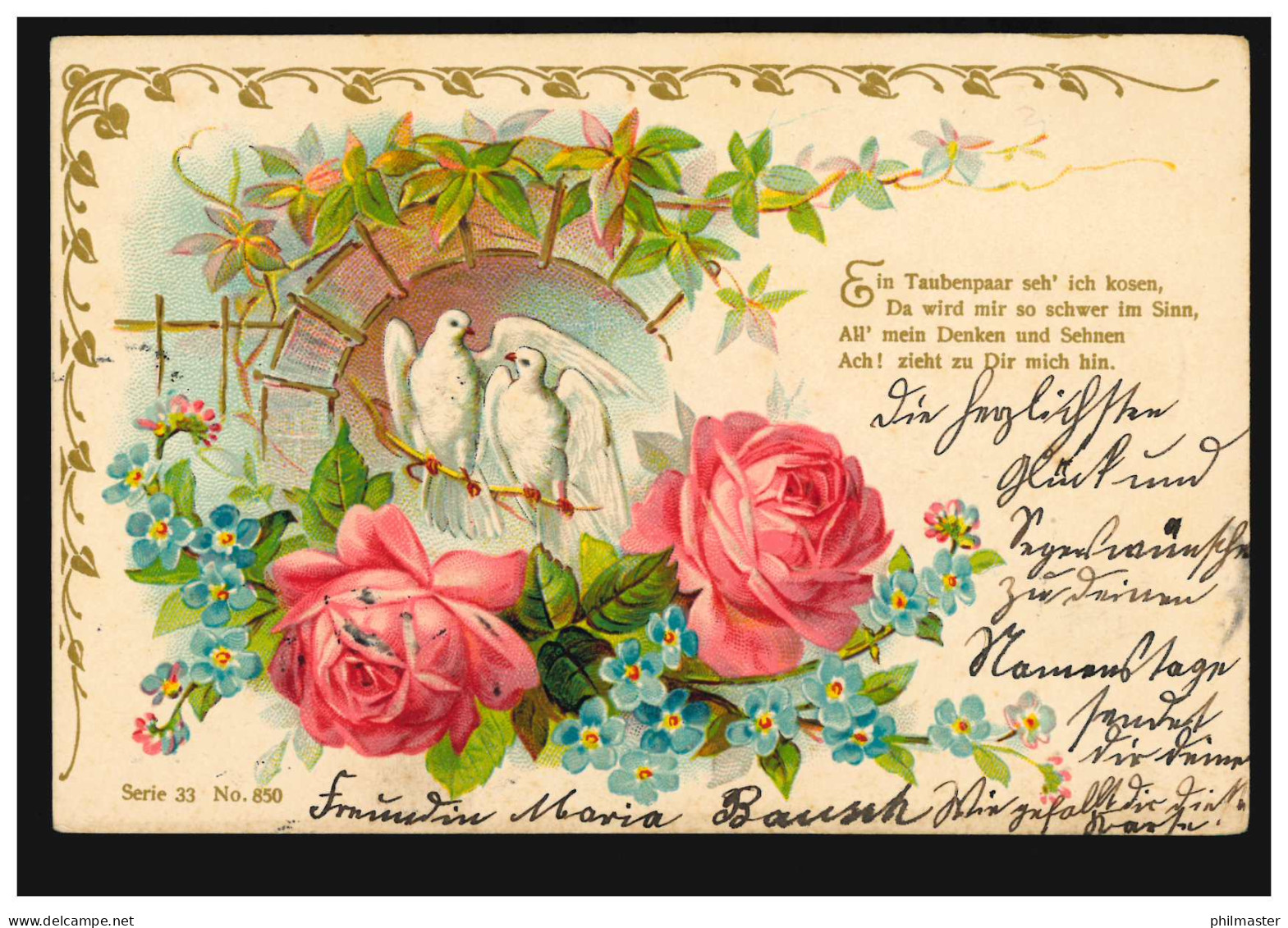 Prägekarte Tiere: Taubenpaar Mit Rosen, WILLICH 15.12.1902 Nach VORST 16.12.02 - Oiseaux