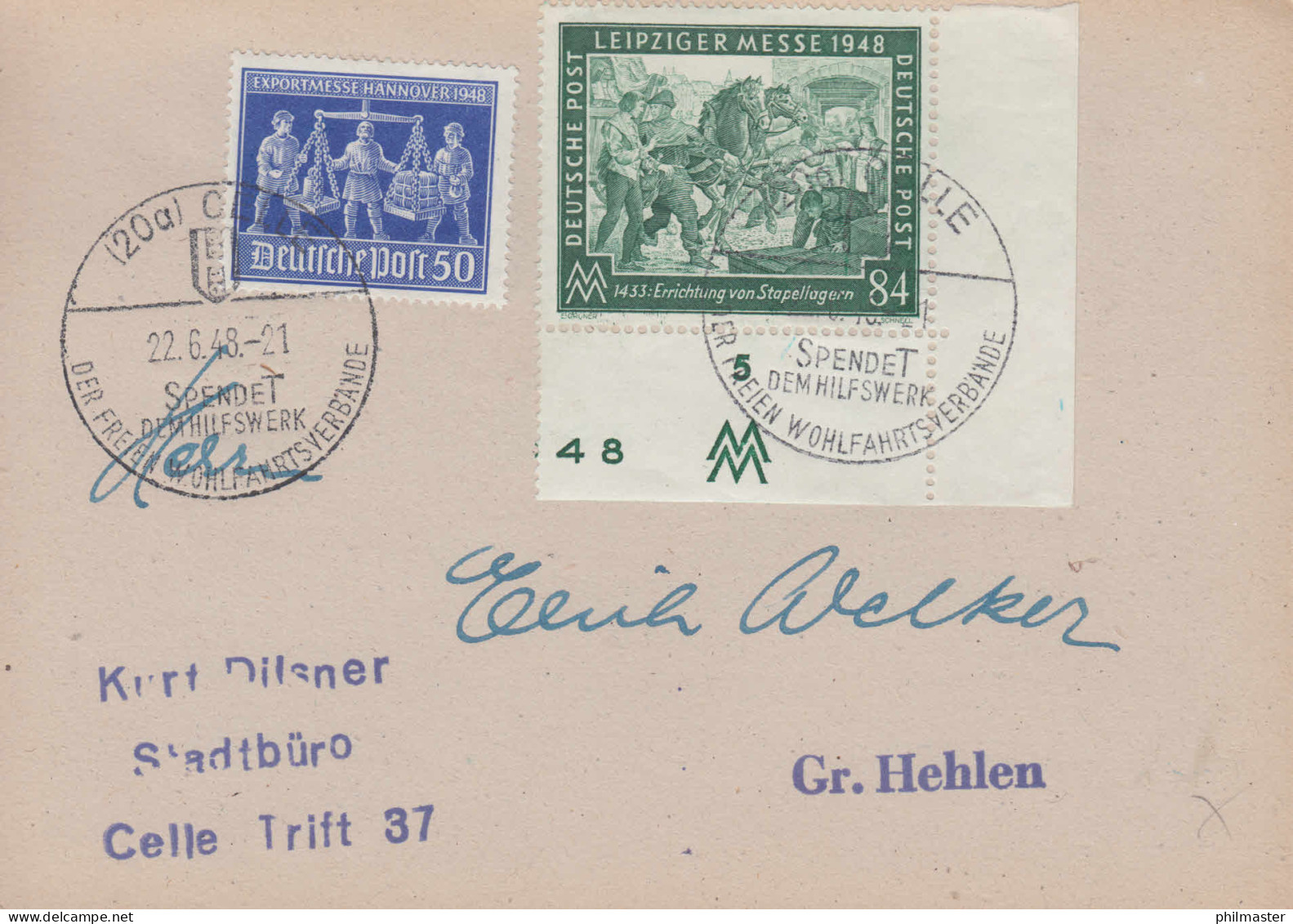 Währungsreform Zehnfachfrankatur 968+970 Auf Postkarte Mit SSt CELLE 22.6.1948 - Used