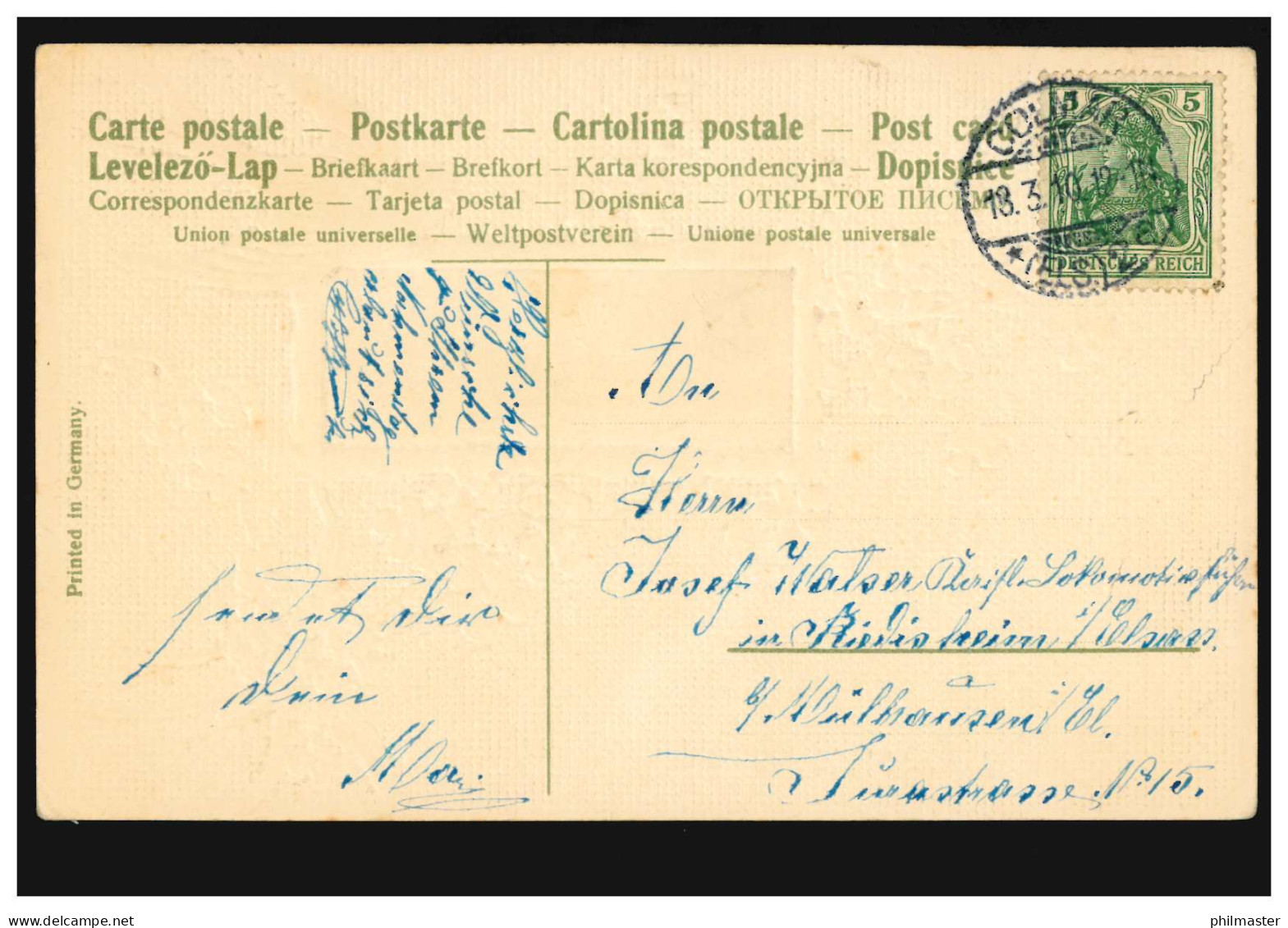 Prägekarte Tiere: Vögel - Schwalbe Dorfidylle Veilchengirlande, COLMAR 18.3.1910 - Oiseaux