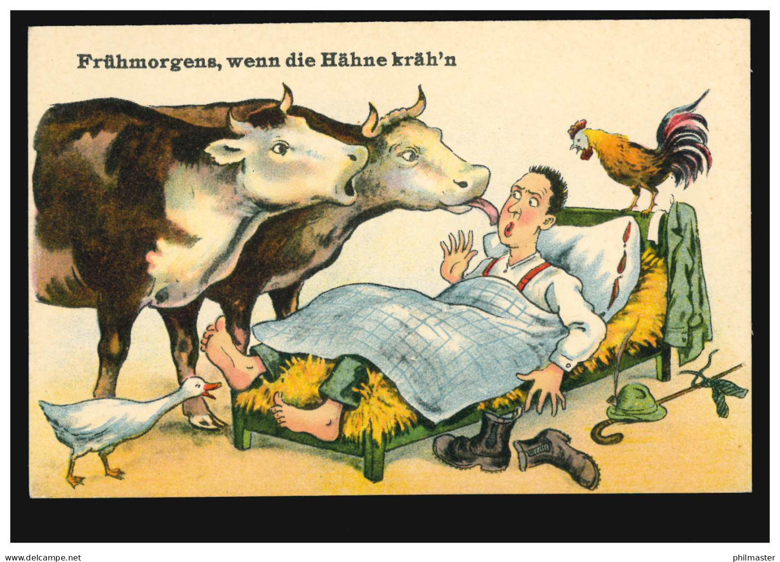 Humor-AK Frühmorgens, Wenn Die Hähne Kräh'n Kühe Wecken Schlafenden, Ungebraucht - Humor
