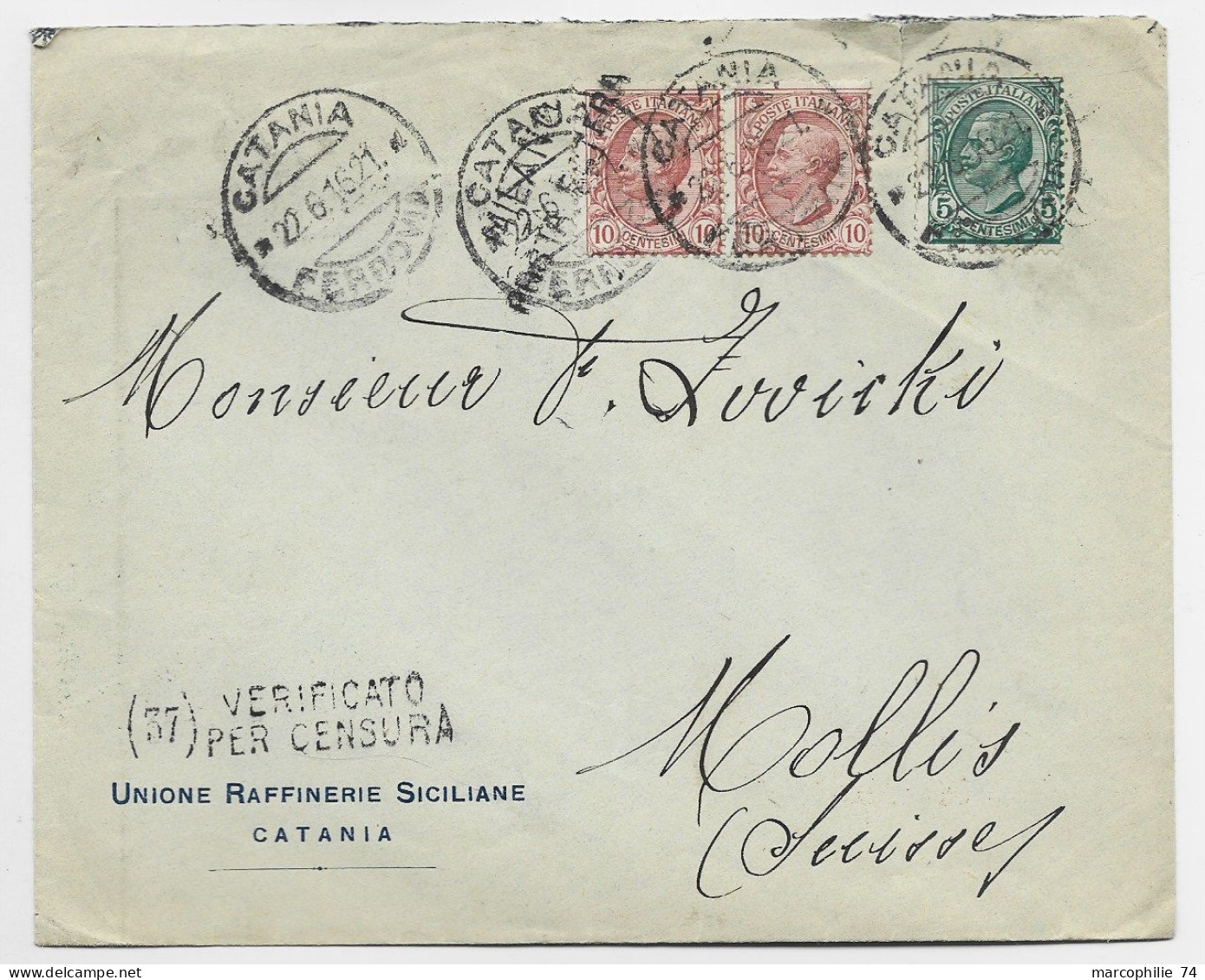 ITALIA 10CX2+5C LETTERE LETTRE COVER UNIONE RAFFINERIE SICILIANE CATANIA 22.6.1916 FERRROVIA TO SUISSE CENSURE - Marcophilia