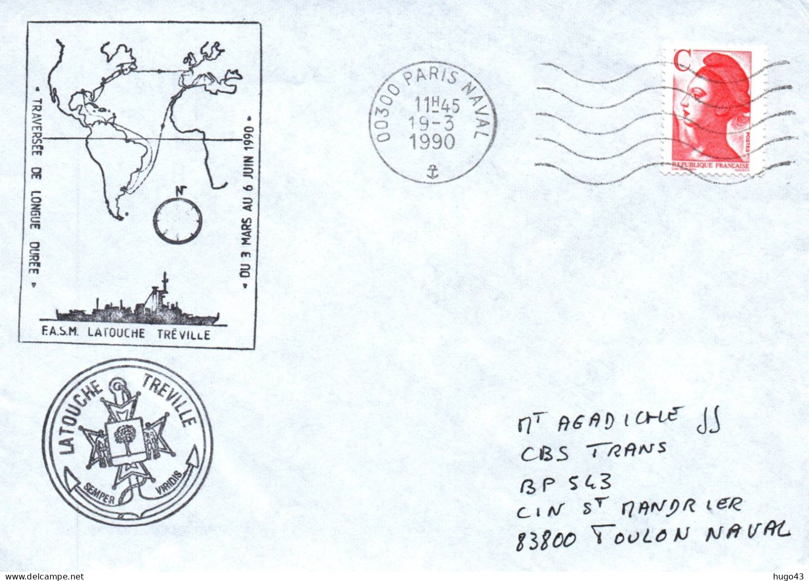 ENVELOPPE AVEC CACHET FREGATE LATOUCHE TREVILLE - T.L.D. DU 03/03 AU 06/06/1990 - PARIS  NAVAL LE 19/03/1990 - Naval Post