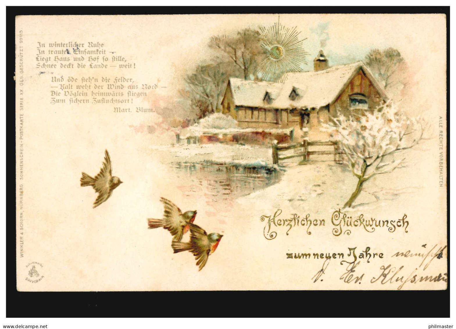 Ansichtskarte Neujahr Bauerngehöft Mit Teich Und Rotkehlchen, SEHNDE 1906 - Nieuwjaar
