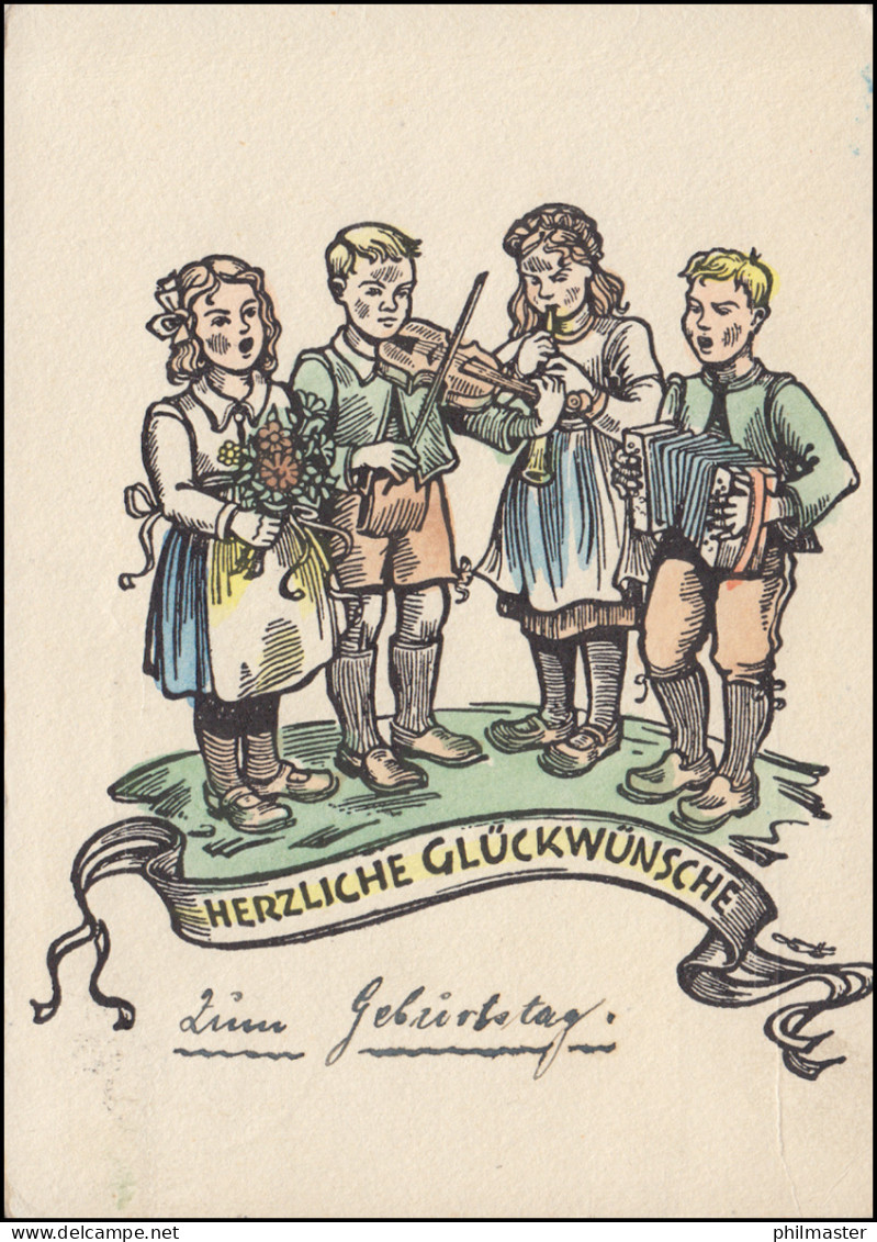 AK Glückwünsche Kinder-Musikanten Spielen Zum Geburtstag, Apt. MÜNCHEN 28.4.948 - Altri & Non Classificati