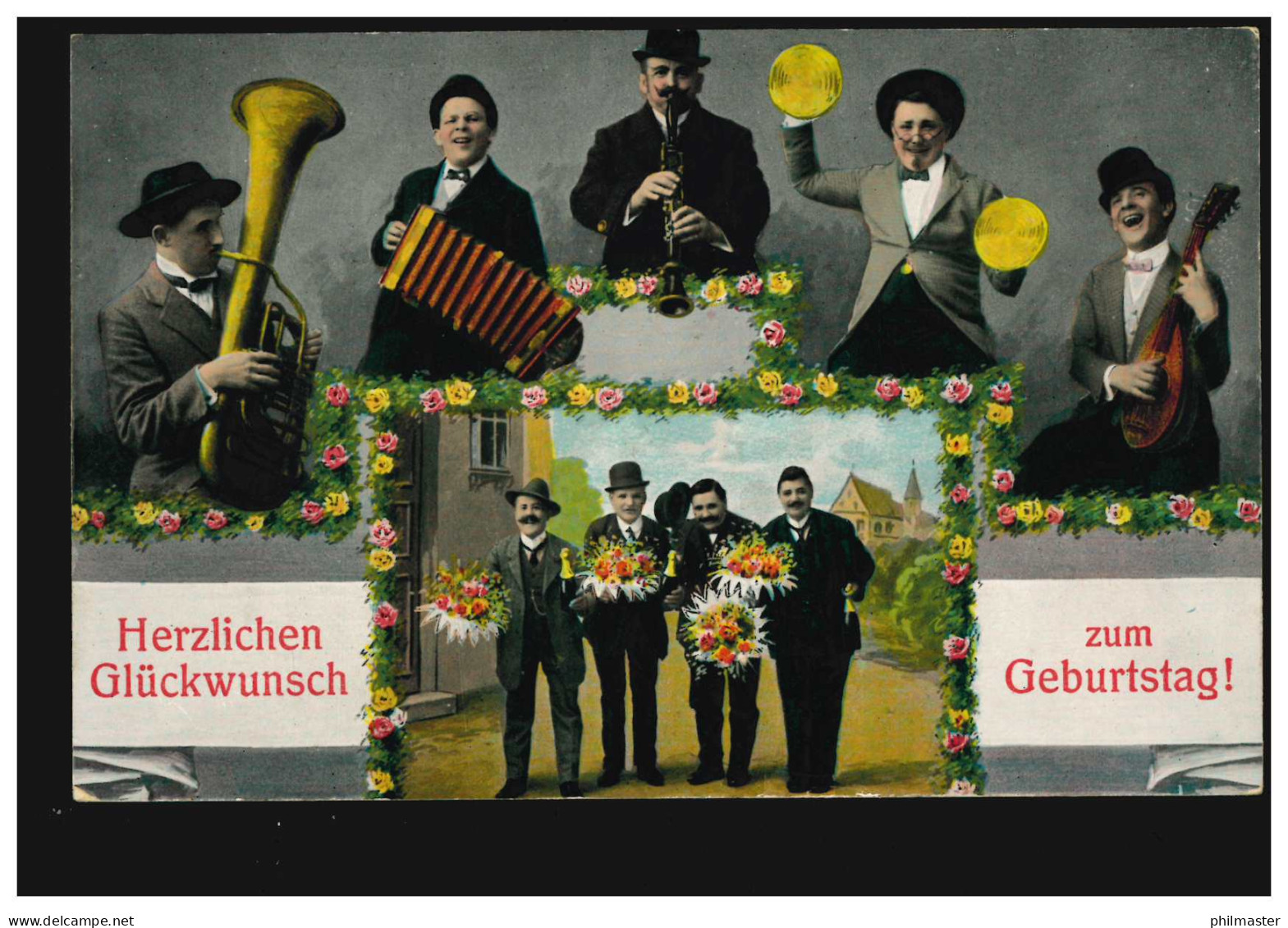 AK Glückwünsche Geburtstag Musikanten Herren-Quintett, BERLIN S.W. 68t 22.10.11 - Música