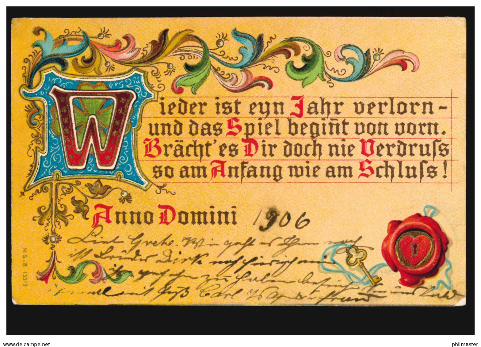 Ansichtskarte Neujahr Farbige Glückwunschkarte, DÜSSELDORF 1.1.1906 - Neujahr