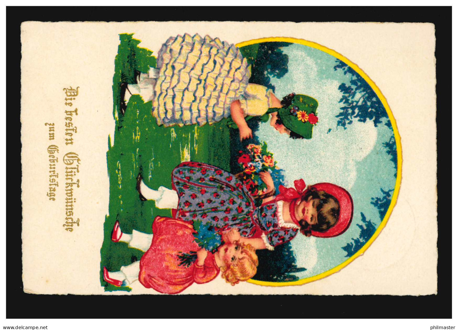 Kinder-AK Mädchen-Trio Beim Blumenpflücken Für Geburtstag, IBURG 26.8.1937 - Autres & Non Classés