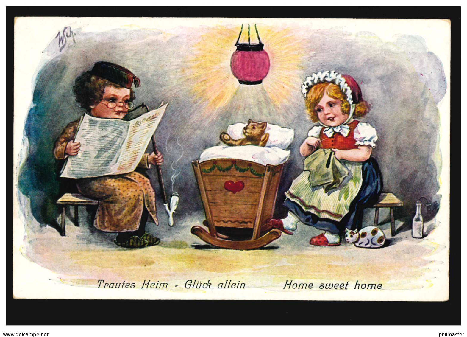 Kinder-AK Mädchen Und Junge Spielen Eltern Mit Teddybär, TRAUNSTEIN 16.3.1914 - Altri & Non Classificati