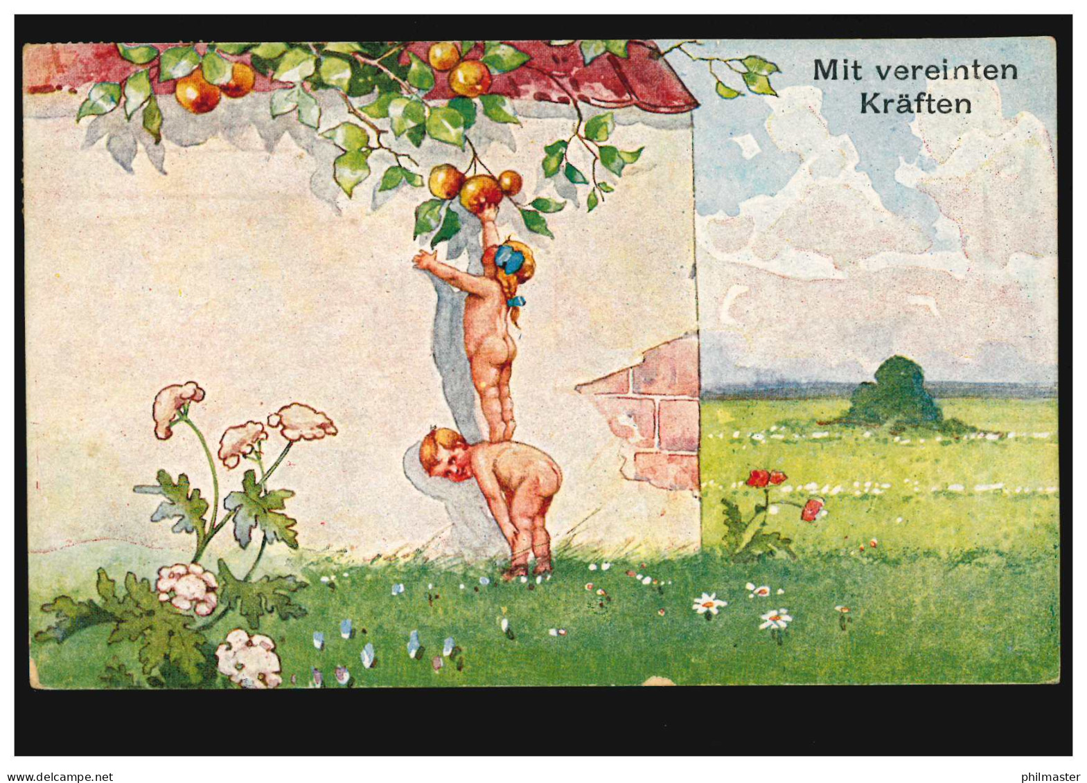 Kinder-AK Mit Vereinten Kräften - Kinder Pflücken Äpfel, HANNOVER 29.1.1919 - Sonstige & Ohne Zuordnung