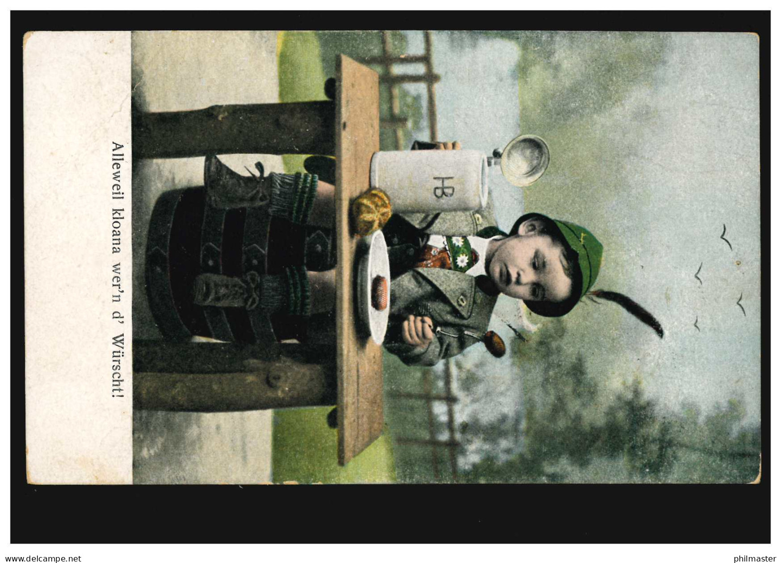 Kinder-AK Oktoberfeststimmung Staunender Junge Mit Würstchen, Gelaufen Um 1917 - Sonstige & Ohne Zuordnung