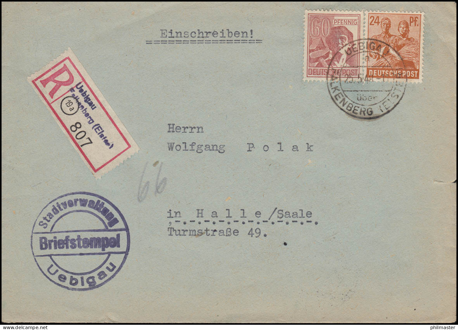 951+956 Kontrollrat-MiF Auf R-Brief UEBIGAU über FALKENBERG (ELSTER) 25.5.1948 - Sonstige & Ohne Zuordnung