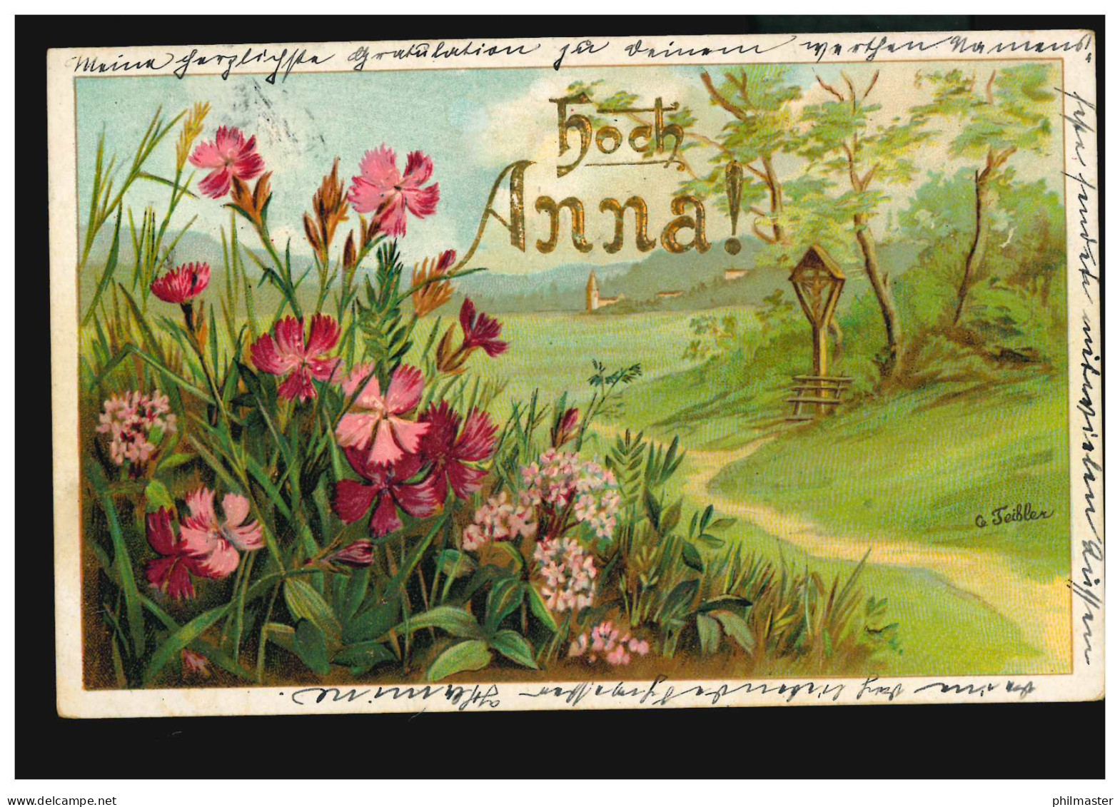 Ansichtskarte Vornamen: Hoch Anna! Landschaft Blumen Wegkreuz, PECHTOLDSDOF 1902 - Vornamen