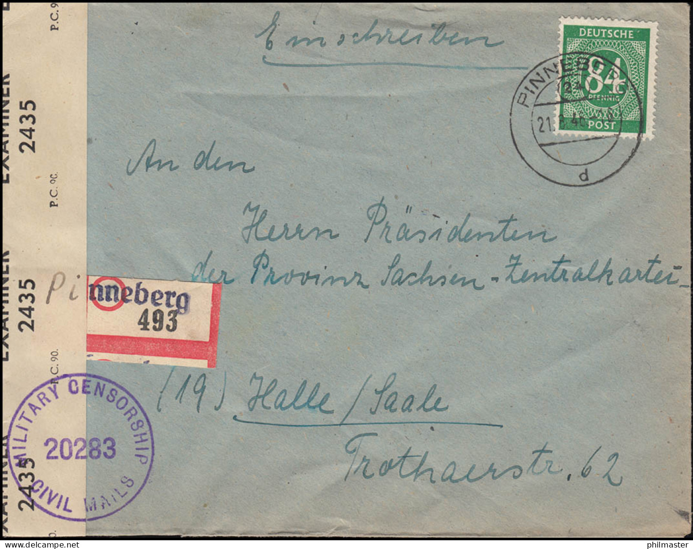 Zensur Military Censorship 20283 Auf R-Brief PINNEBERG 21.8.1946 Mit EF 936 - Sonstige & Ohne Zuordnung