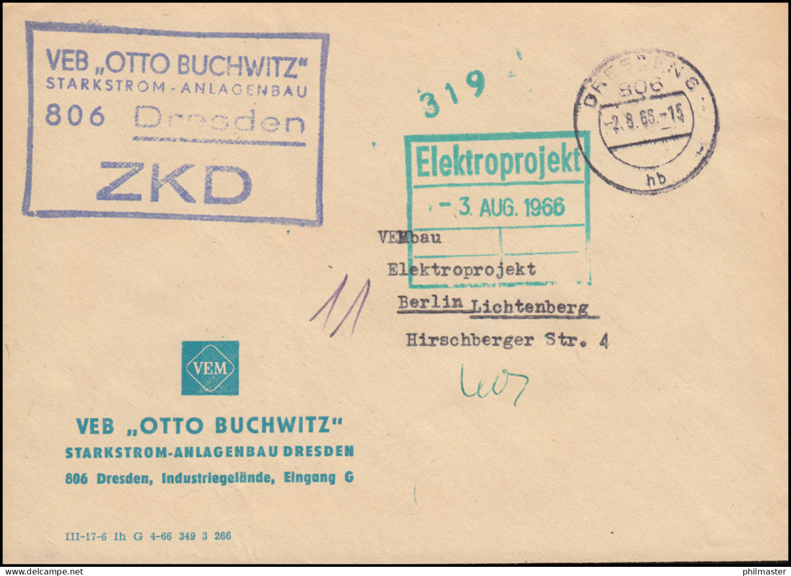 ZKD-Brief VEB OTTO BUCHWITZ Starkstrom-Anlagenbau DRESDEN 2.8.1966 Nach Berlin - Andere & Zonder Classificatie