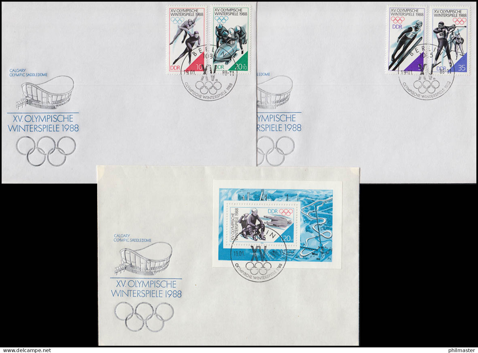 3140-3143 + Block 90 Olympia Winterspele 1988 - Satz Und Block Auf 3 Blanco-FDC - Cartas & Documentos