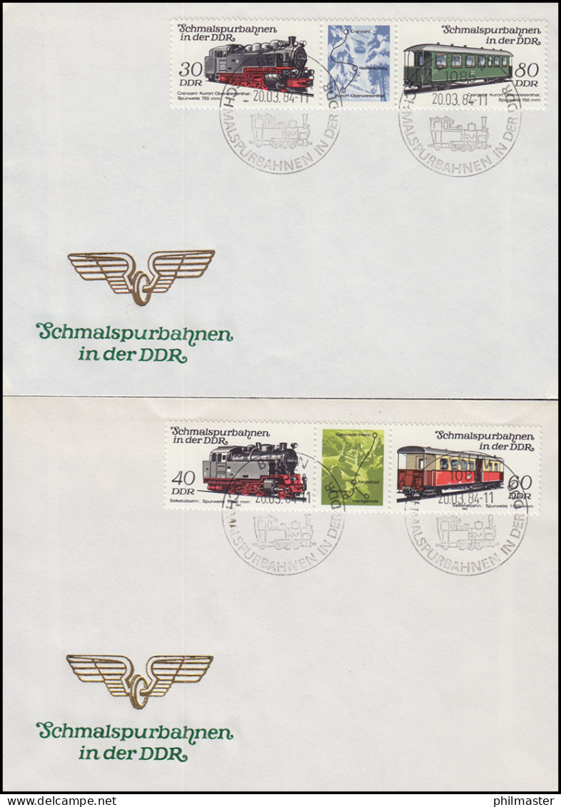 2864-2867 Schmalspurbahnen In Der DDR 1984, Satz Auf FDC 1 Und FDC 2 - Cartas & Documentos