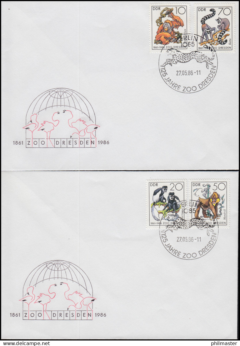 3019-3022 Dresdner Zoo Affen Und Primaten 1986, Satz Auf FDC 1 Und FDC 2 - Storia Postale