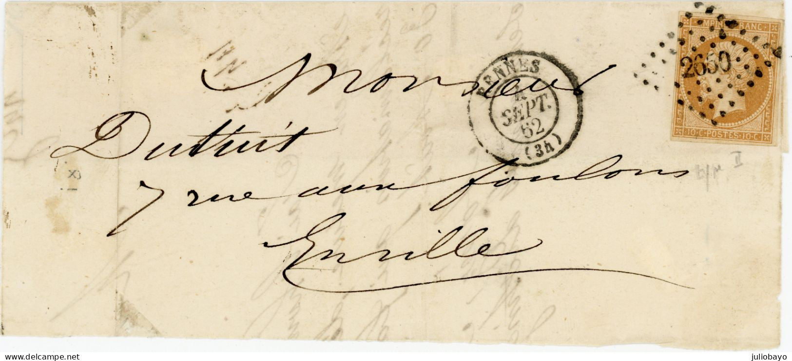 4 Septembre 1862 Devant De Lettre N°13B Pc 2650 Rennes En Ville Pour Monsieur Dutruit - 1849-1876: Classic Period